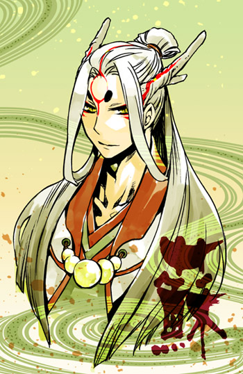 yomigami, ookami (game), 1boy, horns, male focus, personification, solo