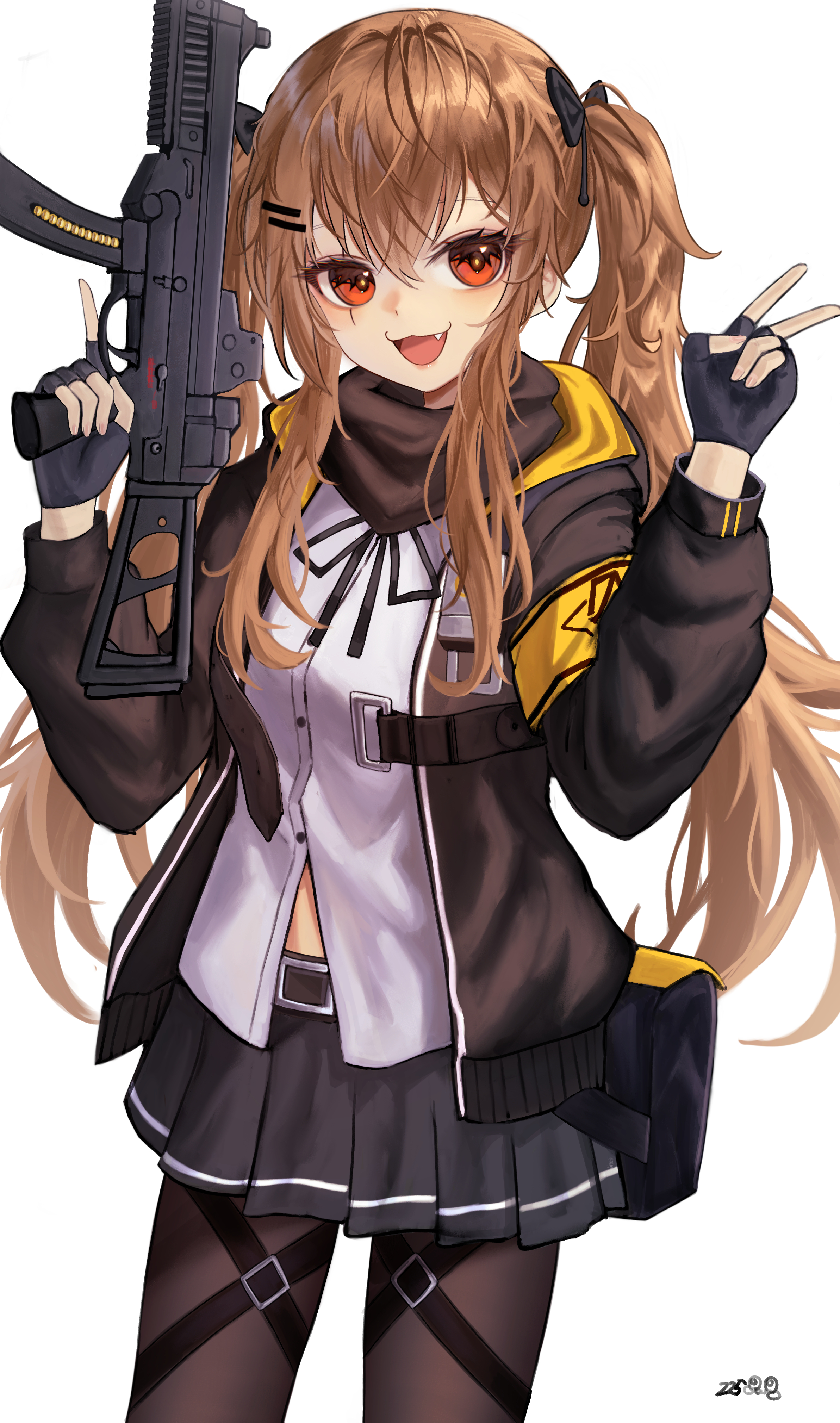 zen.nico, ump9 (girls' frontline), girls' frontline, absurdres, highres, 1girl, :d, black bow, black gloves, black skirt, blush, bow, breasts, brown hair, fang, fingerless gloves, gloves, gun, hair between eyes, hair bow, hair ornament, hairclip, hands up, holding, holding gun, holding weapon, jacket, long hair, looking at viewer, medium breasts, messy hair, miniskirt, open clothes, open jacket, open mouth, orange eyes, pantyhose, pleated skirt, shirt, skirt, smile, solo, standing, submachine gun, thigh strap, twintails, v, very long hair, w arms, weapon, white shirt