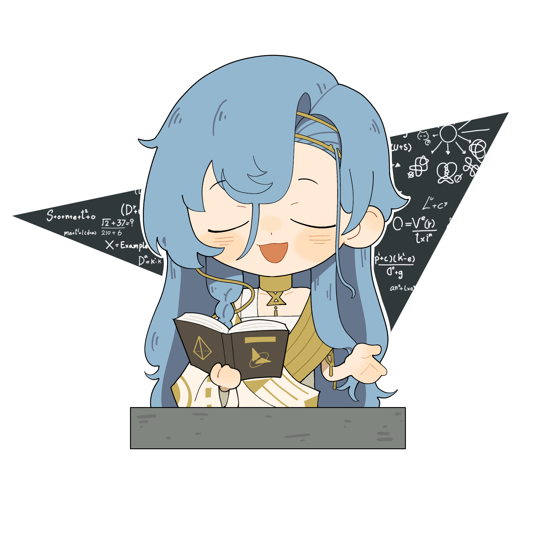 daku k, 37 (reverse:1999), reverse:1999, highres, 1girl, ancient greek clothes, blue hair, book, chibi, closed eyes, greco-roman clothes, hair between eyes, hand up, holding, holding book, long hair, math, open book, open mouth, smile, solo, teaching, toga, triangle, upper body, very long hair, white background