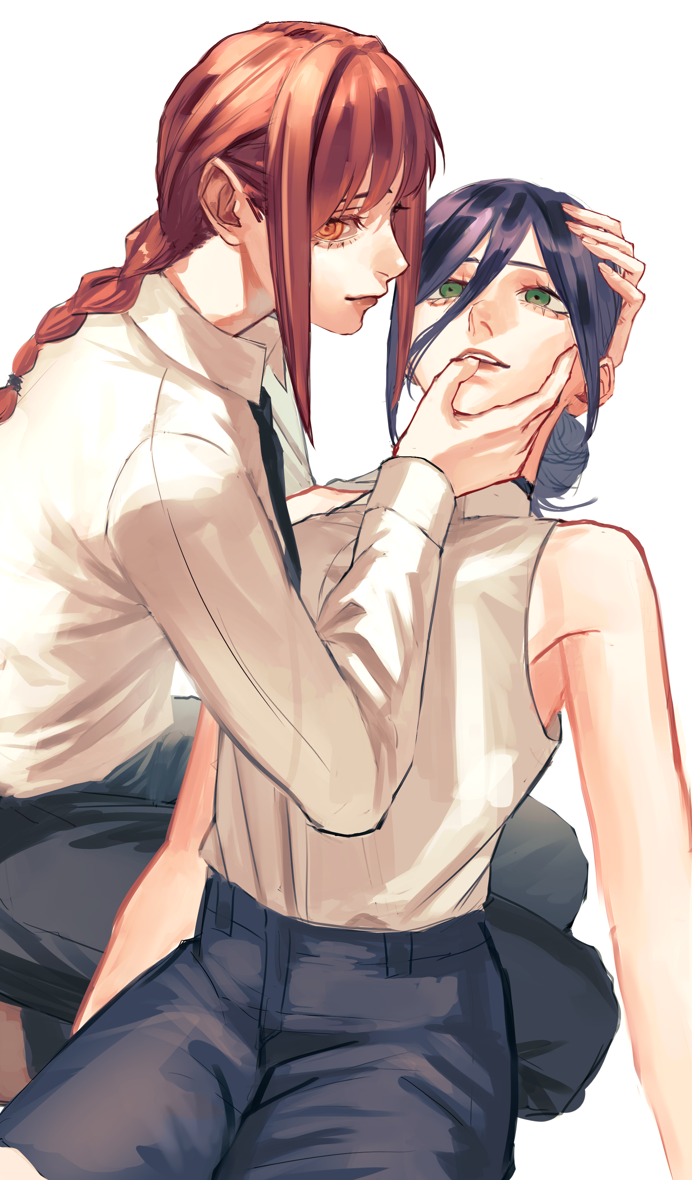 bonjindaaa, makima (chainsaw man), reze (chainsaw man), chainsaw man, absurdres, highres, 2girls, black hair, black necktie, black pants, black shorts, braid, braided ponytail, collared shirt, formal clothes, green eyes, hair bun, hand on another's face, multiple girls, necktie, pant suit, pants, red hair, shirt, shirt tucked in, shorts, simple background, sleeveless, sleeveless shirt, suit, white background, white shirt, yellow eyes