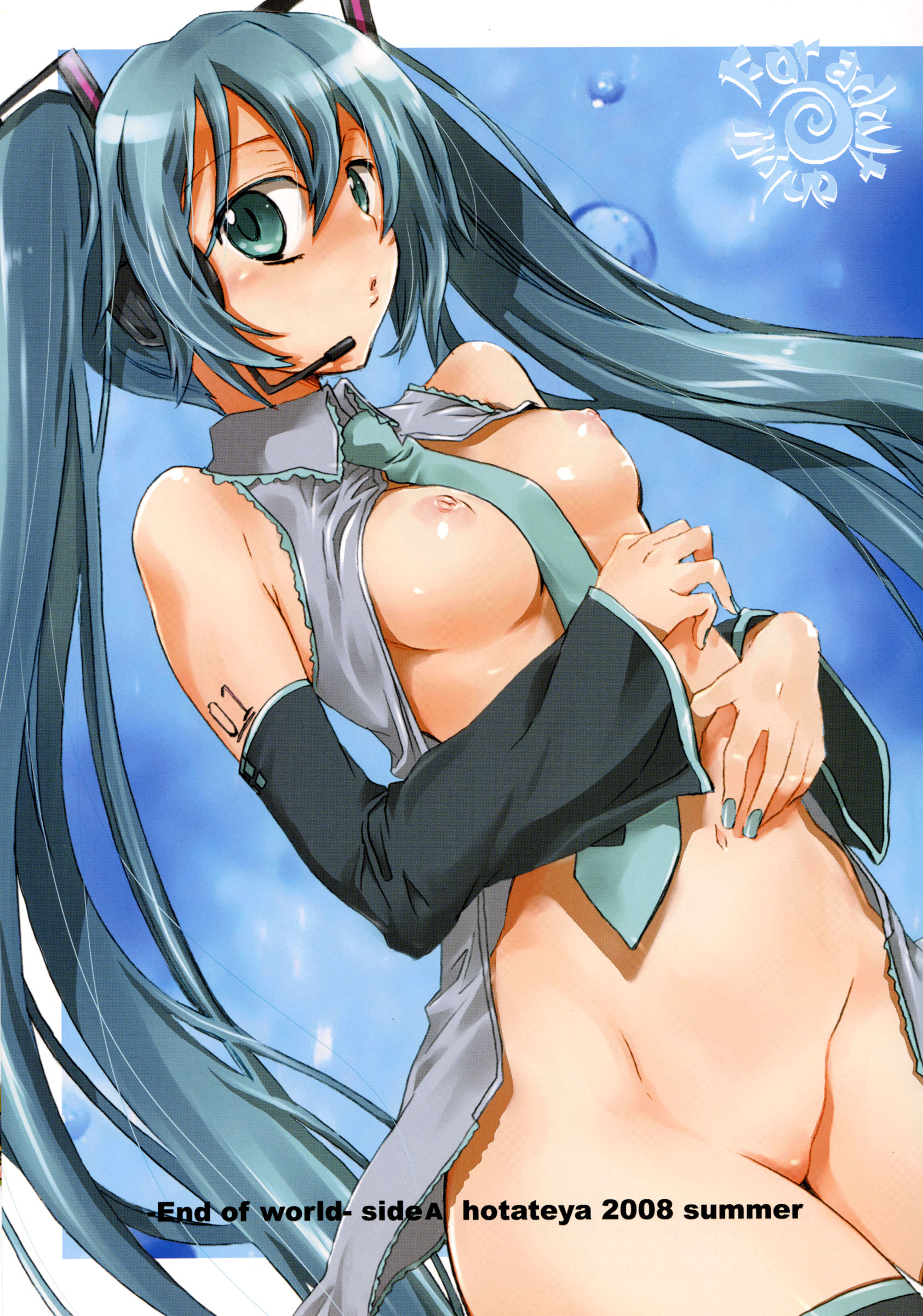 james hotate, hatsune miku, vocaloid, absurdres, highres, 1girl, aqua nails, blush, bottomless, breasts, detached sleeves, female focus, green eyes, green hair, headphones, long hair, matching hair/eyes, microphone, nail polish, nipples, no panties, open clothes, open shirt, shirt, solo, twintails