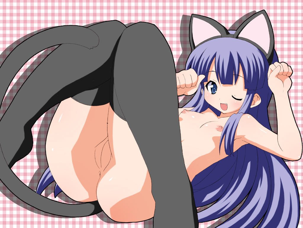 shishimaru ken'ya, hazuki (tsukuyomi), tsukuyomi moonphase, 1girl, animal ears, anus, blue eyes, blue hair, breasts, cat ears, cat tail, flat chest, loli, nipples, nude, pussy, solo, tail, thighhighs, uncensored