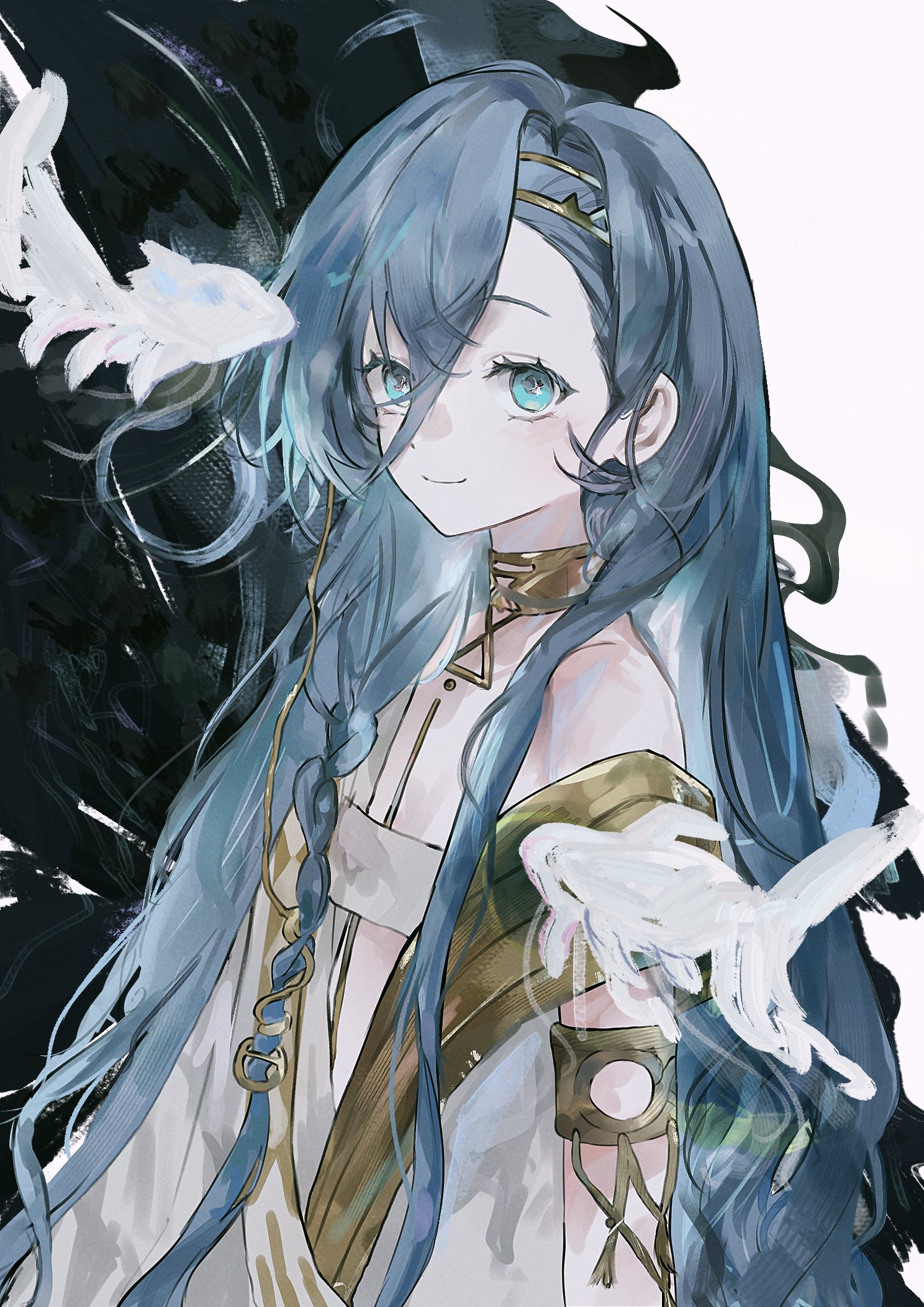 dalyu223, 37 (reverse:1999), reverse:1999, highres, 1girl, ancient greek clothes, armlet, bare shoulders, black background, blue eyes, blue hair, closed mouth, fish, gold choker, greco-roman clothes, hair between eyes, jewelry, long hair, looking at viewer, smile, solo, toga, two-tone background, upper body, very long hair, white background