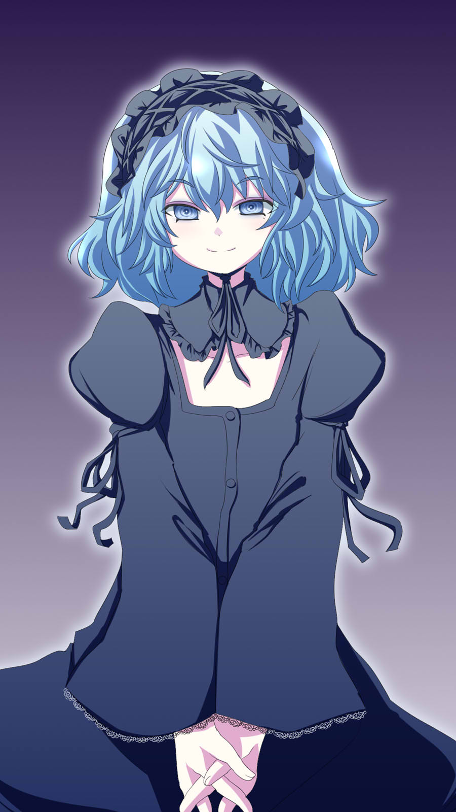 itini-sanshi, 2channel, commentary request, highres, 1boy, 2channel (/livejupiter/), aile-kun, blue eyes, blue hair, closed mouth, cowboy shot, crossdressing, crossdressing (mtf), dress, frilled hairband, frills, grey dress, grey hairband, grey ribbon, hairband, looking at viewer, male focus, medium hair, neck ribbon, own hands together, purple background, ribbon, sleeve ribbon, smile, solo, trap