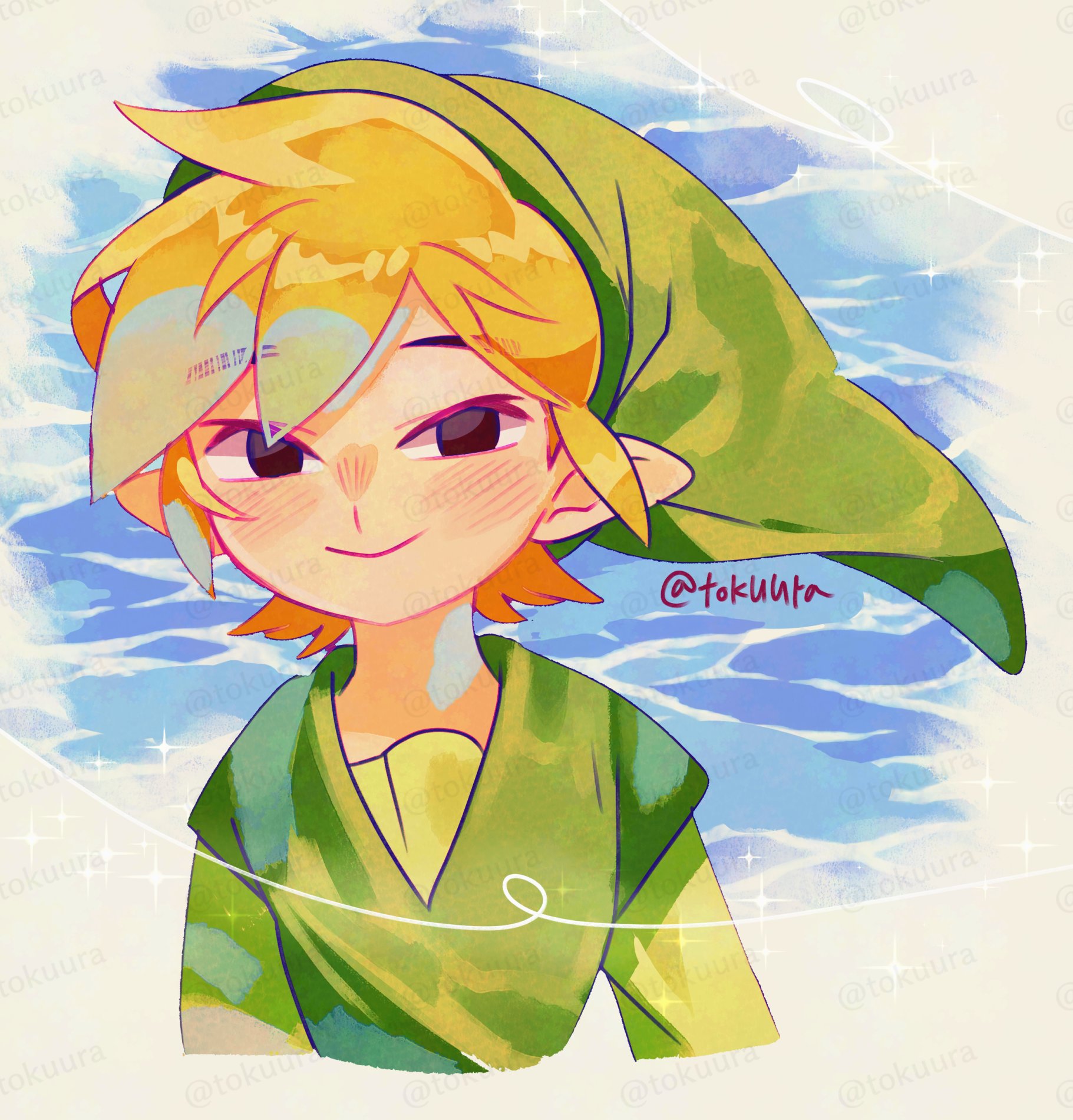 tokuura, link, toon link, nintendo, the legend of zelda, the legend of zelda: the wind waker, highres, 1boy, blonde hair, blue background, blush, closed mouth, cropped torso, green hat, green shirt, green tunic, half-closed eyes, hat, looking at viewer, male focus, phrygian cap, pointy ears, shirt, short hair, sidelocks, smile, solo, sparkle, tunic, twitter username, upper body