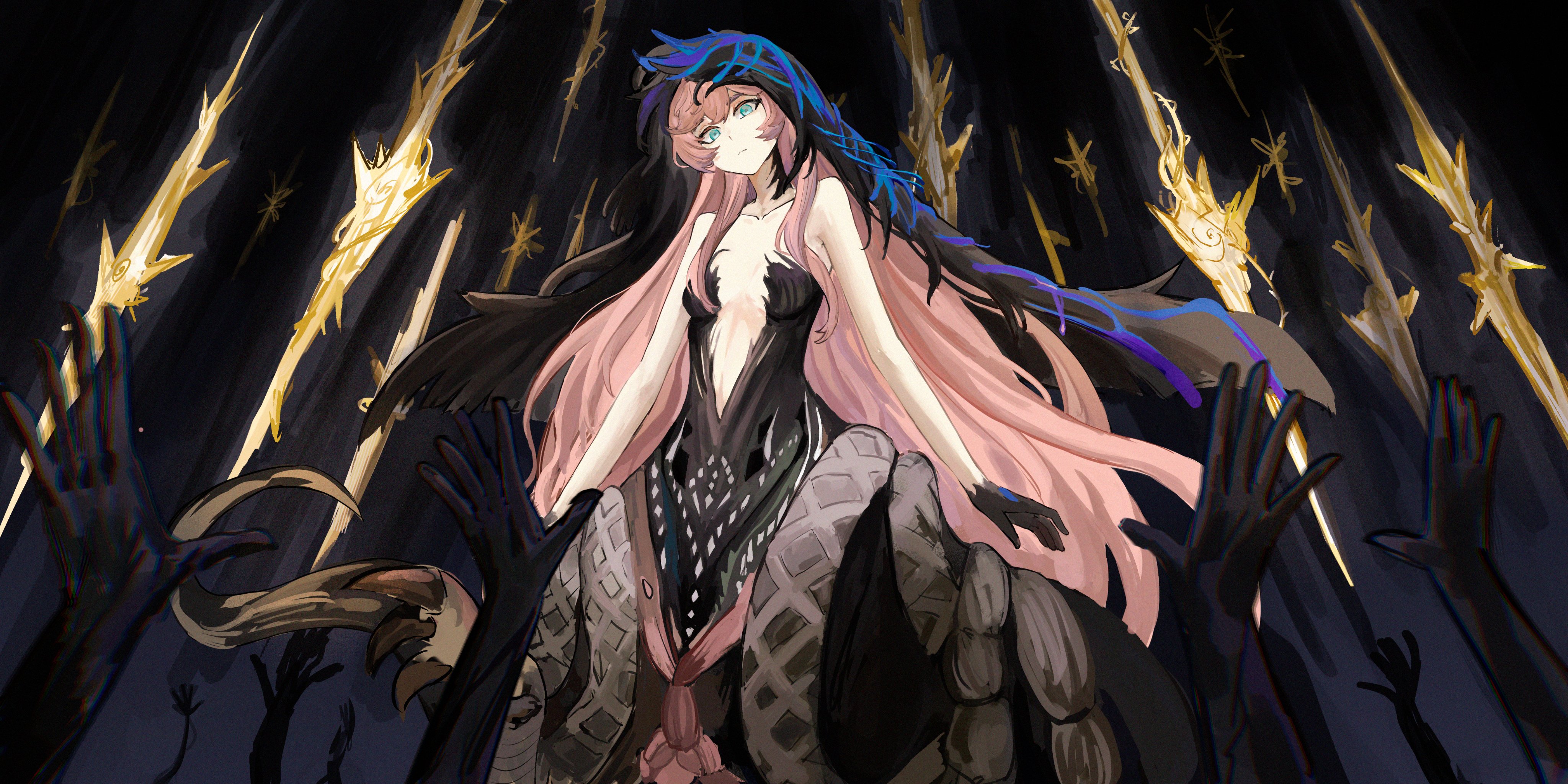 mizutamarii, nautika (reverse:1999), reverse:1999, absurdres, highres, 1girl, bare arms, bare shoulders, black background, black dress, black hands, blue eyes, blue veil, breasts, centauroid, chimera, closed mouth, colored extremities, disembodied hand, dress, long hair, looking at viewer, monster girl, no bra, pink hair, plunging neckline, small breasts, solo, strapless, strapless dress, taur, two-tone veil, upper body, veil, very long hair