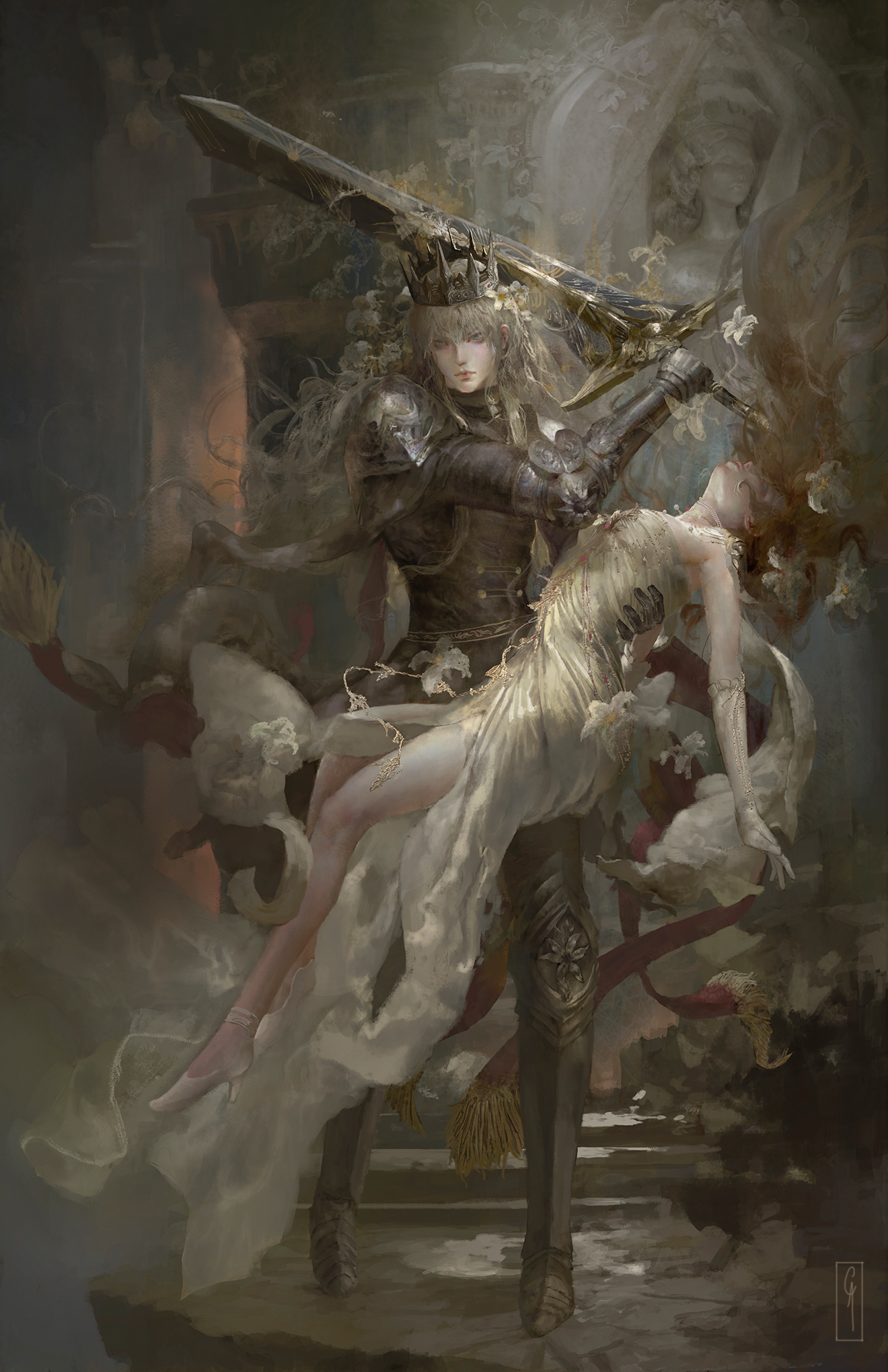 christian angel, protagonist (love and deepspace), xavier (love and deepspace), love and deepspace, highres, 1boy, 1girl, arm around back, armor, armored boots, black boots, black jacket, black pants, boots, brown hair, closed mouth, couple, crown, dress, elbow gloves, flower, gloves, greatsword, grey hair, hair between eyes, hair flower, hair ornament, hetero, holding, holding sword, holding weapon, jacket, legs, lily (flower), long dress, long hair, official alternate costume, official alternate hairstyle, pants, parted bangs, shoes, shoulder armor, statue, sword, weapon, white dress, white gloves, white shoes