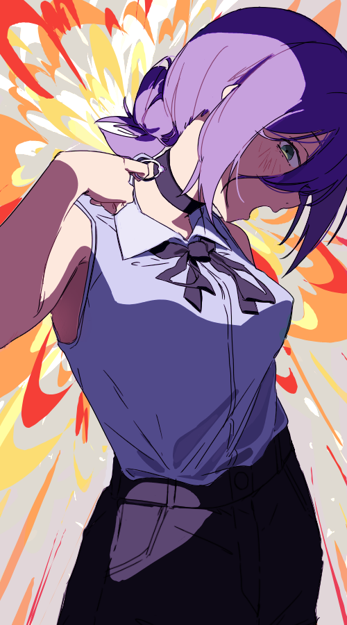 reze (chainsaw man), chainsaw man, 1girl, black choker, black ribbon, black shorts, choker, collared shirt, explosion, explosion background, green eyes, grenade pin, grey shirt, hair bun, kannpoyu, neck ribbon, open mouth, purple hair, ribbon, shirt, shorts, sleeveless, sleeveless shirt, solo
