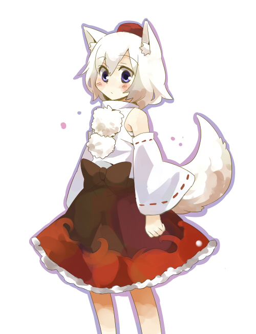kiji (manekinuko-tei), inubashiri momiji, touhou, 1girl, animal ears, blush, detached sleeves, female focus, hat, looking at viewer, short hair, simple background, solo, tail, white background, wolf ears