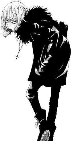 mello (death note), death note, lowres, 00s, 1boy, androgynous, black theme, chocolate, coat, cross, greyscale, jewelry, looking back, male focus, monochrome, necklace, rosary, solo