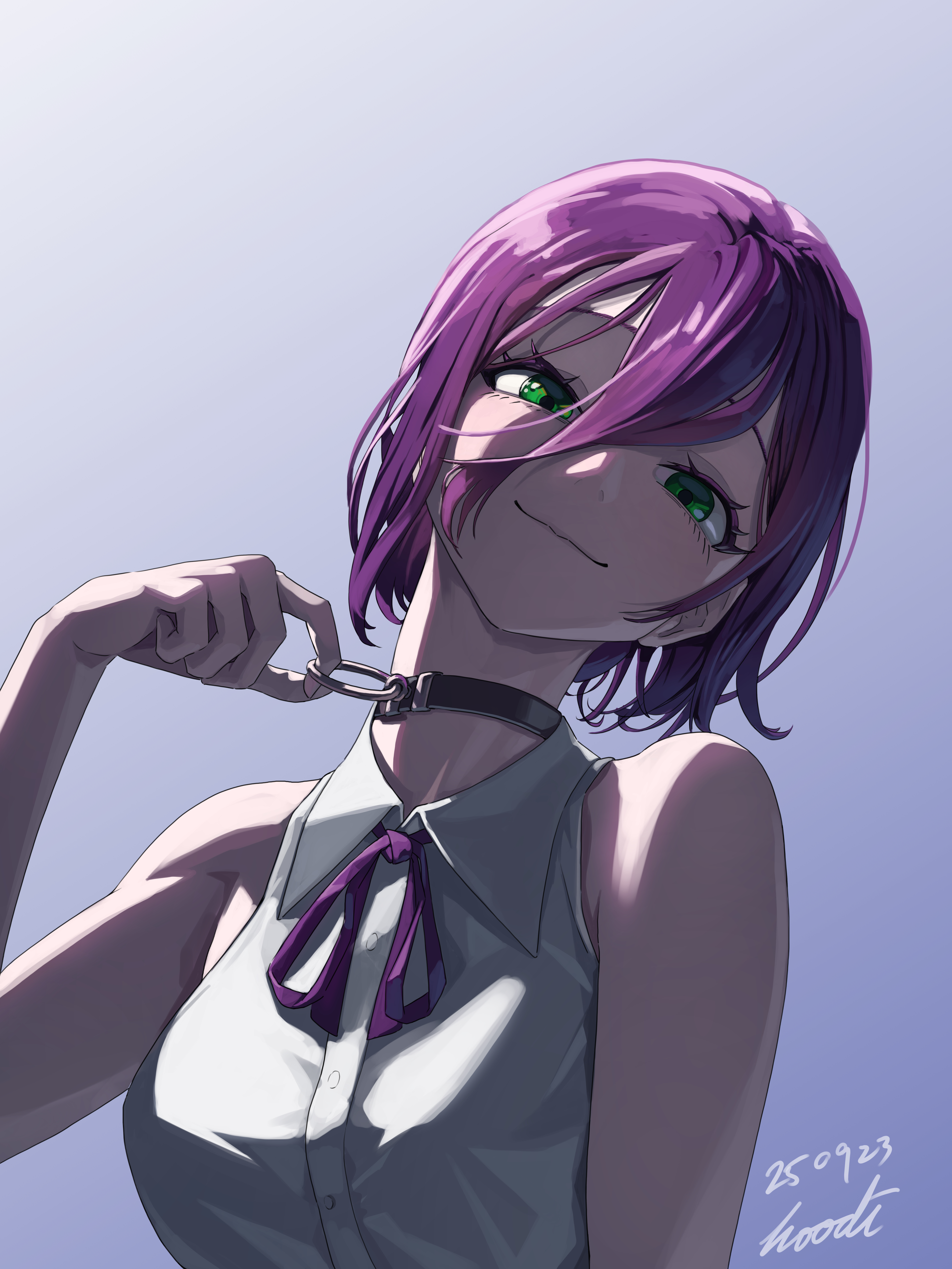 95hoody, reze (chainsaw man), chainsaw man, absurdres, highres, 1girl, artist name, black choker, choker, closed mouth, dated, green eyes, grenade pin, hair between eyes, looking at viewer, neck ribbon, purple hair, purple ribbon, ribbon, shirt, smile, solo, white shirt