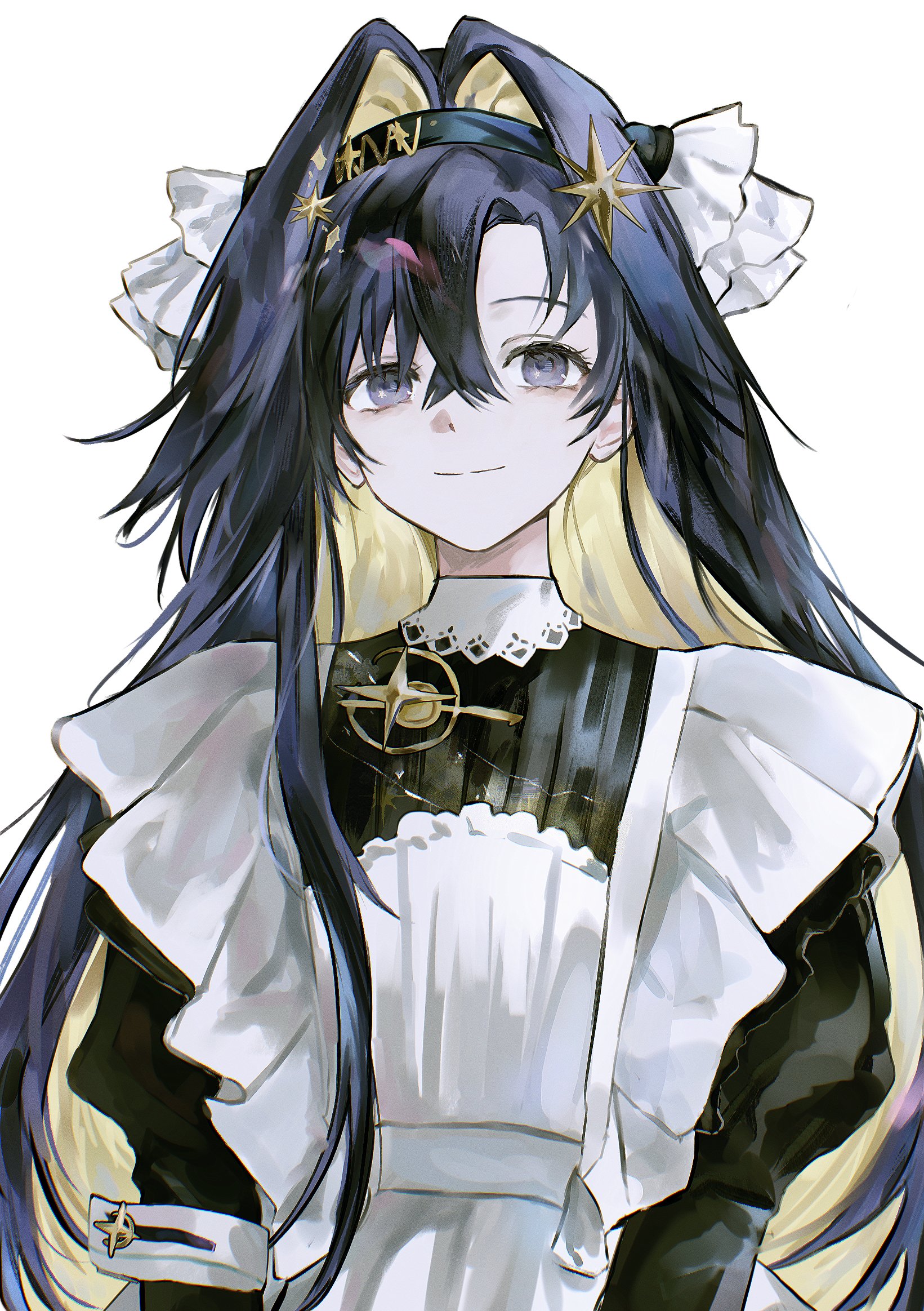 dalyu223, voyager (reverse:1999), reverse:1999, highres, 1girl, apron, black dress, black hairband, blonde hair, blue eyes, blue hair, colored inner hair, dress, frilled apron, frills, hair between eyes, hair intakes, hair ornament, hairband, juliet sleeves, long hair, long sleeves, looking at viewer, multicolored hair, puffy sleeves, school uniform, smile, solo, soviet school uniform, star (symbol), star hair ornament, upper body, very long hair, white apron, white background