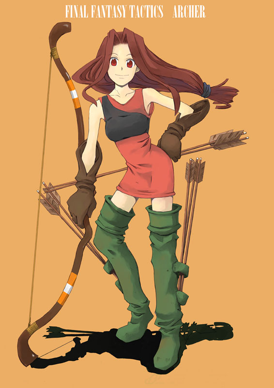 yunsuku, archer (fft), final fantasy, final fantasy tactics, 1girl, arrow (projectile), boots, bow (weapon), brown hair, female focus, full body, gloves, long hair, red eyes, simple background, skirt, solo, thigh boots, thighhighs, weapon