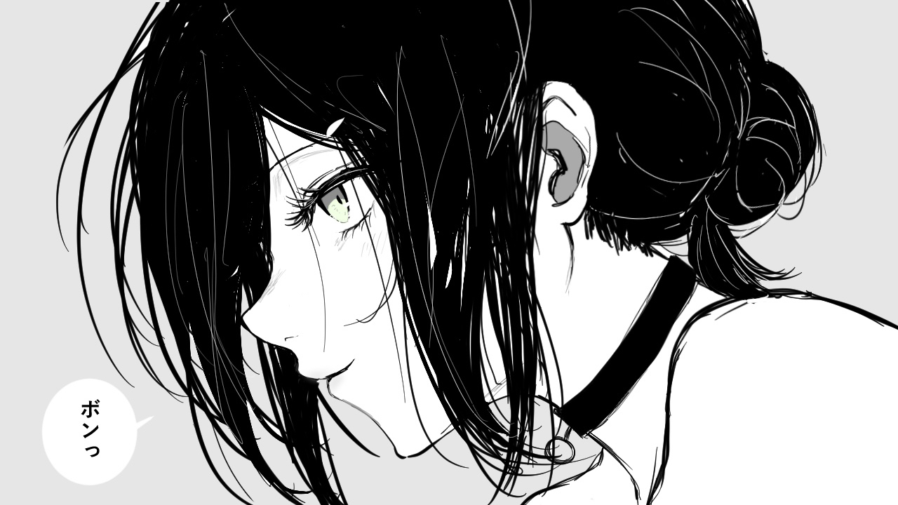 reze (chainsaw man), chainsaw man, commentary request, translation request, 1girl, choker, from side, green eyes, greyscale, hair bun, monochrome, solo, speech bubble, spot color, vvrs8878
