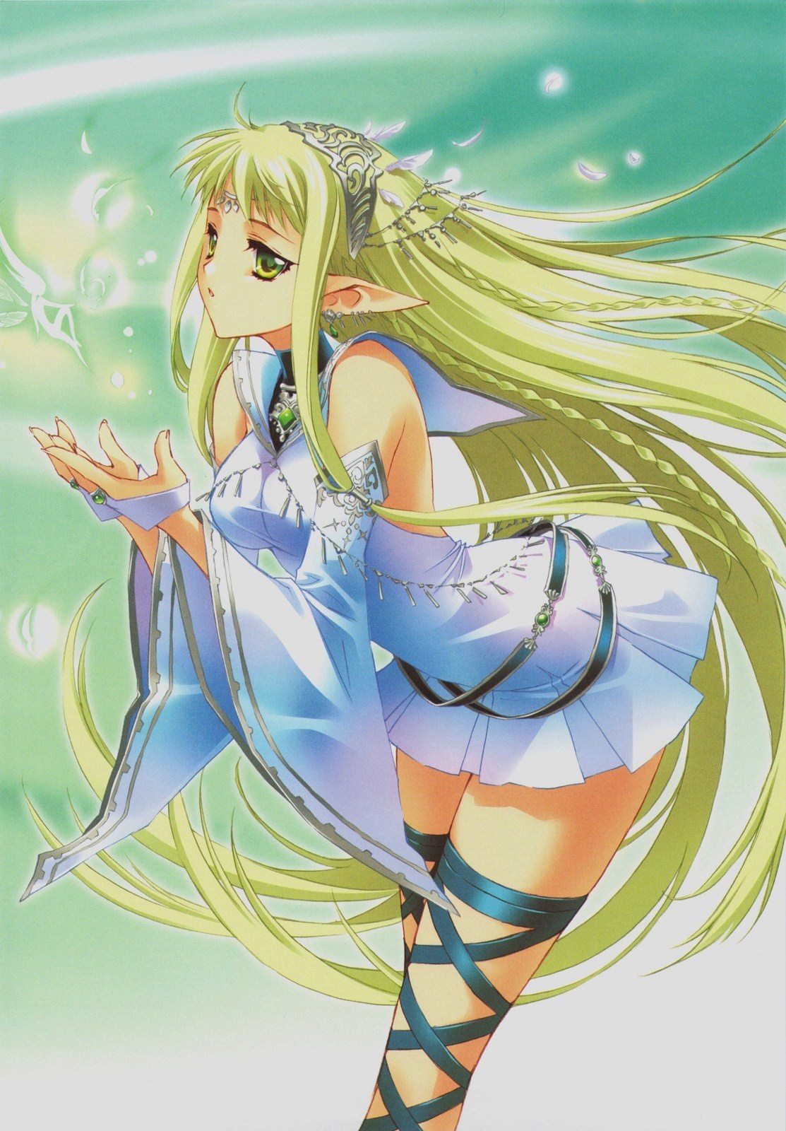 carnelian, artbook, highres, 1girl, blonde hair, cupping hands, detached sleeves, female focus, green eyes, green hair, long hair, matching hair/eyes, own hands together, pointy ears, solo