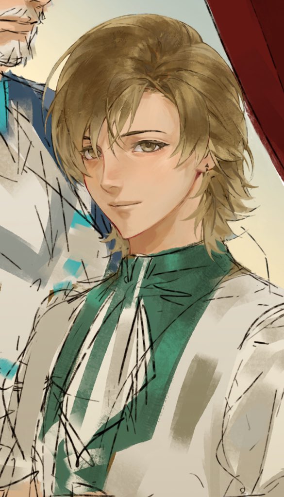 dion lesage, final fantasy, final fantasy xvi, 2boys, beard, blonde hair, brown eyes, closed mouth, curtains, earrings, facial hair, father and son, green shirt, grey hair, hair between eyes, jacket, jewelry, light smile, lmoosgu, male focus, medium hair, multiple boys, mustache, parted bangs, portrait, shirt, sketch, sylvestre lesage, upper body, white jacket