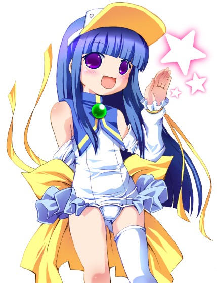 fuzuki imeri, furude rika, pastel ink, tamura yukari, higurashi no naku koro ni, moetan, md5 mismatch, 1girl, arm behind back, blue hair, cosplay, female focus, long hair, one-piece swimsuit, pastel ink (cosplay), purple eyes, school swimsuit, single thighhigh, smile, solo, star (symbol), swimsuit, thighhighs, voice actor connection, waving, white one-piece swimsuit, white school swimsuit