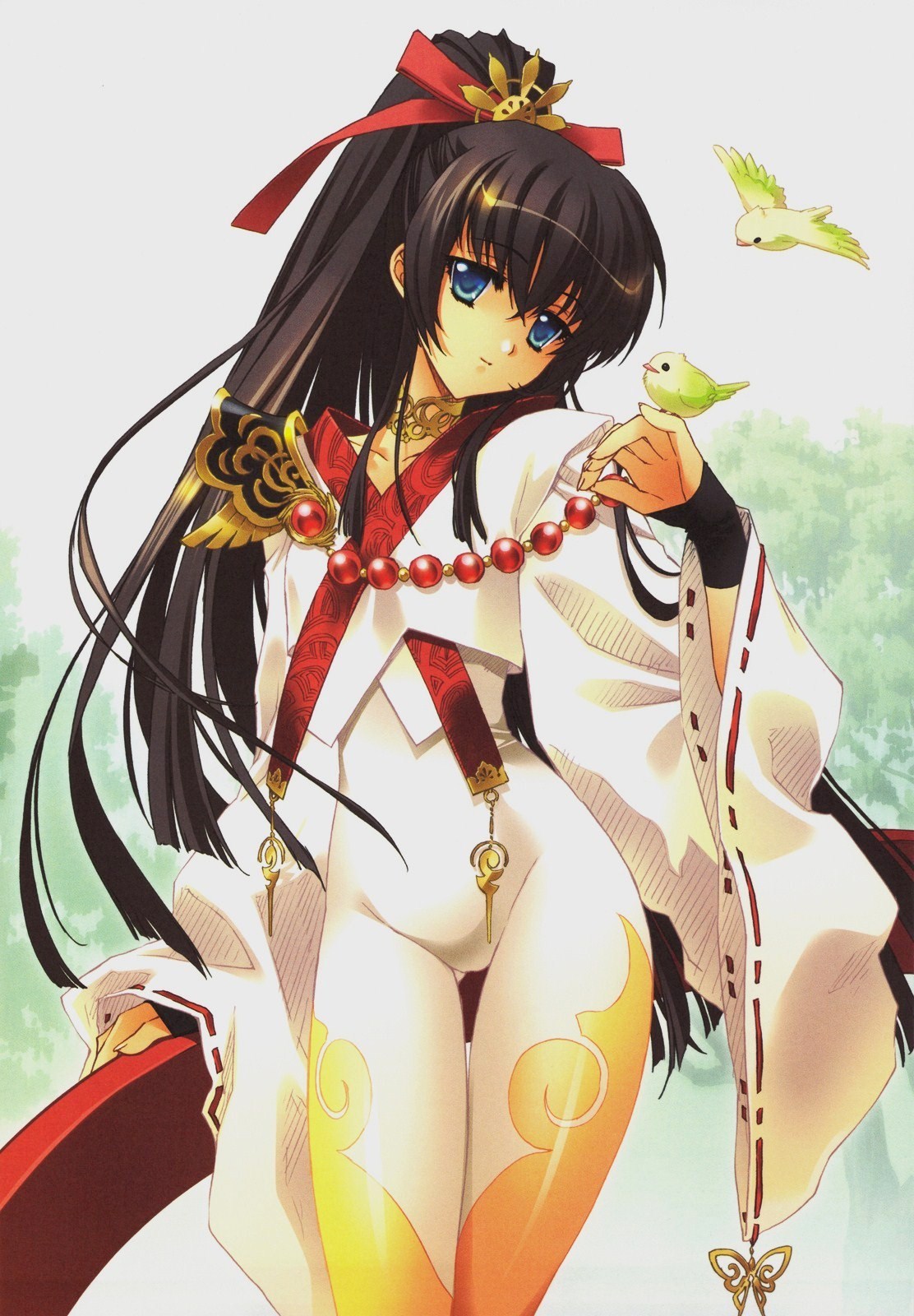 carnelian, original, artbook, highres, 1girl, adapted uniform, bird, black hair, blue eyes, female focus, japanese clothes, long hair, nontraditional miko, ponytail, skin tight, solo