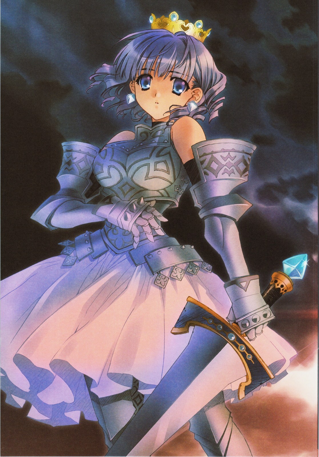 carnelian, gradriel, gradriel de valendia, atlus, princess crown, artbook, highres, 1girl, armor, armored dress, blue eyes, blue hair, curly hair, dress, earrings, jewelry, short hair, sword, weapon