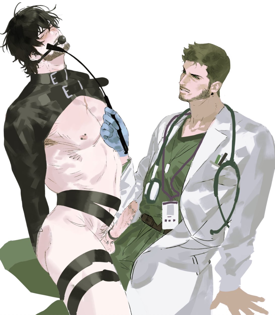 barnabas tharmr, cidolfus telamon, final fantasy, final fantasy xvi, highres, 2boys, anal, beard, belt, bit gag, black belt, black hair, black shirt, blush, brown hair, closed eyes, cock ring, facial hair, furrowed brow, gag, green pants, green shirt, hair between eyes, holding, holding riding crop, id card, lab coat, lanyard, lmoosgu, male focus, midriff, multiple boys, nipple piercing, pants, parted lips, penis, penis piercing, piercing, riding crop, sex toy, shirt, stethoscope around neck, thigh strap, white background, yaoi