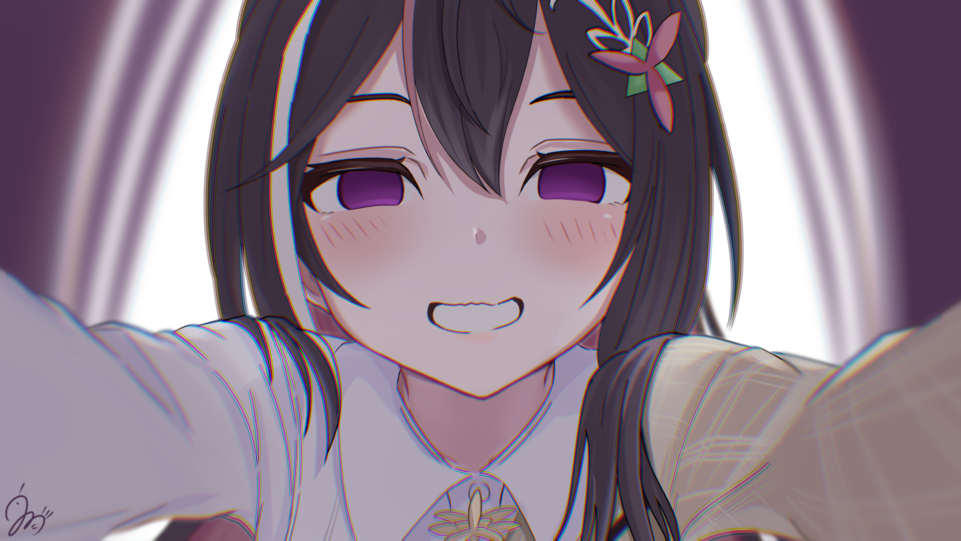 hishaku (7stel2ar), azki (1st costume) (hololive), azki (hololive), hololive, highres, 1girl, breasts, brown hair, colored inner hair, grin, hair ornament, hairclip, hollow eyes, long hair, multicolored hair, pink hair, purple eyes, smile, two-tone hair, virtual youtuber, yandere