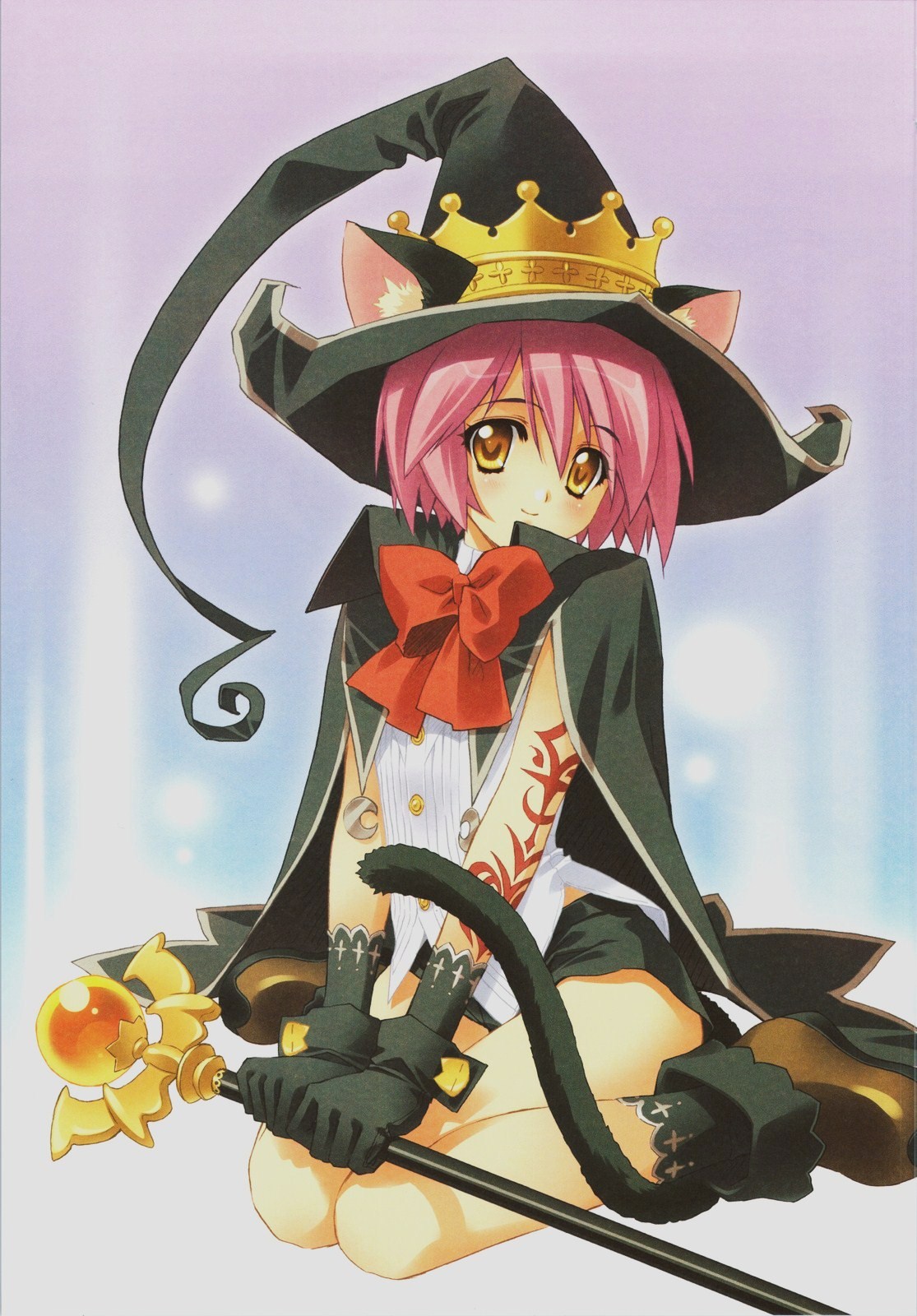 carnelian, artbook, highres, animal ear fluff, animal ears, arm tattoo, blouse, boots, brown boots, crown, gold crown, hat, pink hair, shirt, solo, tail, tattoo, white shirt