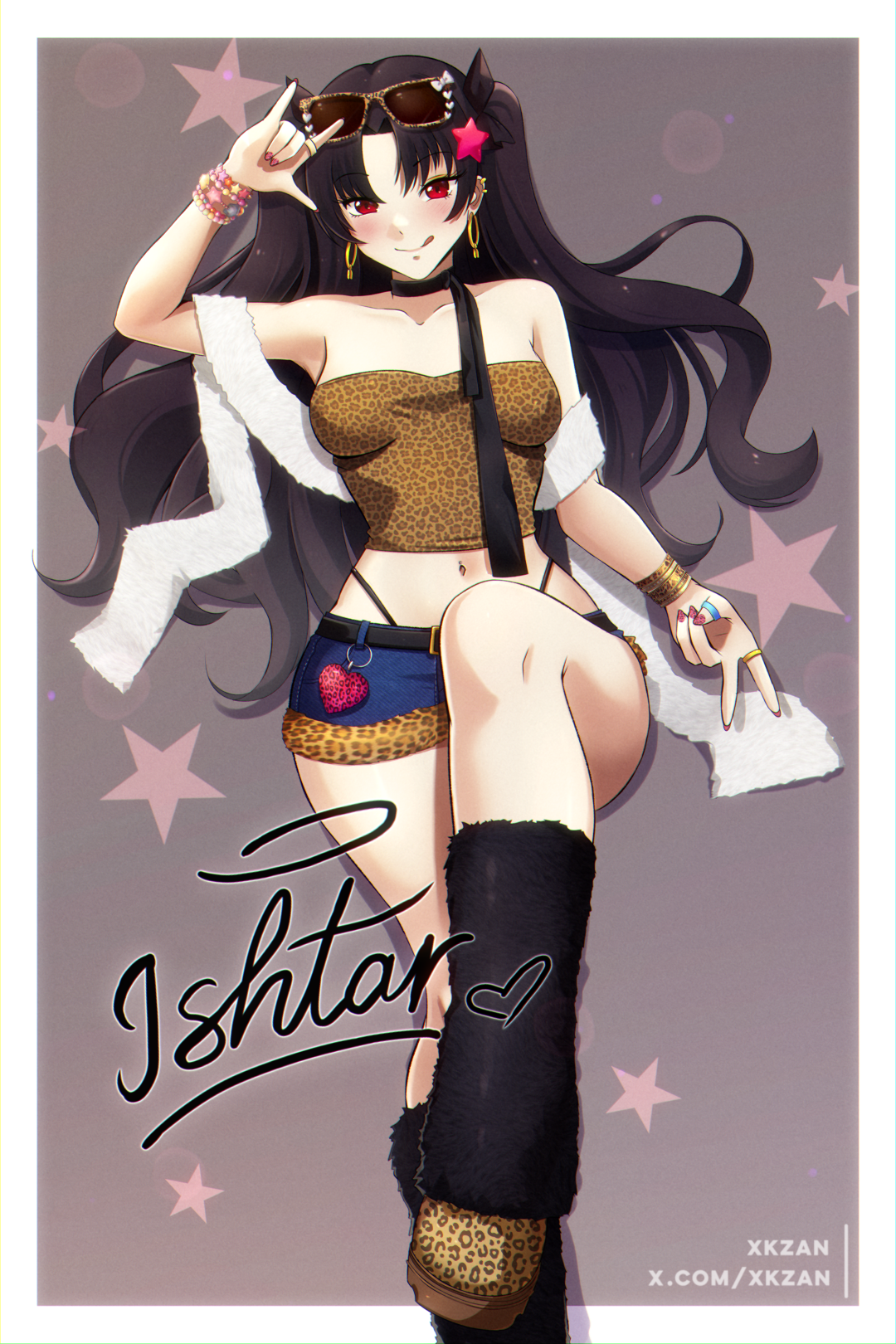 xkzan, ishtar (fate), fate/grand order, fate (series), highres, paid reward available, 1girl, n/, animal print, arm up, armpits, artist name, bare shoulders, bead bracelet, beads, belt, blue skirt, blush, boots, bow, bracelet, breasts, brown boots, brown hair, character signature, charm (object), cleavage, collarbone, denim, denim skirt, ear piercing, earrings, eyewear on head, fashion, feather boa, fingernails, fur leg warmers, gyaru, hair bow, hair ornament, hands on own head, highleg, highleg panties, hoop earrings, jewelry, leg warmers, leopard print, long hair, looking at viewer, lying, medium breasts, midriff, miniskirt, nail polish, naughty face, navel, navel piercing, off shoulder, panties, piercing, pink nails, red eyes, revealing clothes, ring, shirt, signature, simple background, skirt, smile, solo, star (symbol), star hair ornament, sunglasses, thighs, thong, tongue, tongue out, twintails, twitter username, two side up, underwear, v