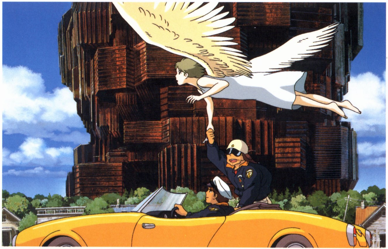 aska, chage, on your mark, studio ghibli, uniform, 1990s (style), 1girl, 2boys, angel, angel wings, brown hair, car, dress, hat, helmet, left-hand drive, motor vehicle, multiple boys, retro artstyle, short hair, wings