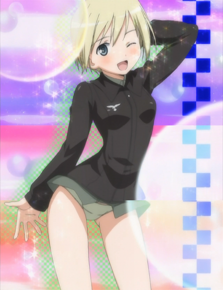 erica hartmann, strike witches, world witches series, uniform, anime screenshot, stitched, third-party edit, 00s, 1girl, blonde hair, blue eyes, blush, cowboy shot, female focus, miniskirt, one eye closed, panties, pantyshot, short hair, skirt, smile, solo, sparkle, stretching, underwear, wink