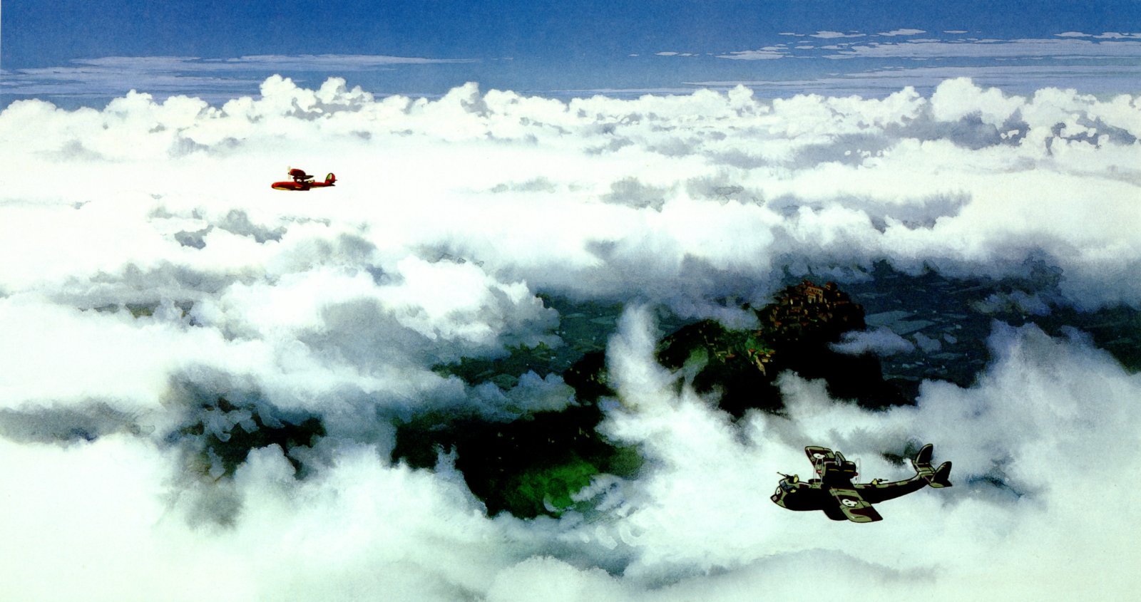 dabohaze, kurenai no buta, studio ghibli, highres, scan, 1990s (style), aircraft, airplane, cloud, flying, no humans, retro artstyle, savoia s.21, sky