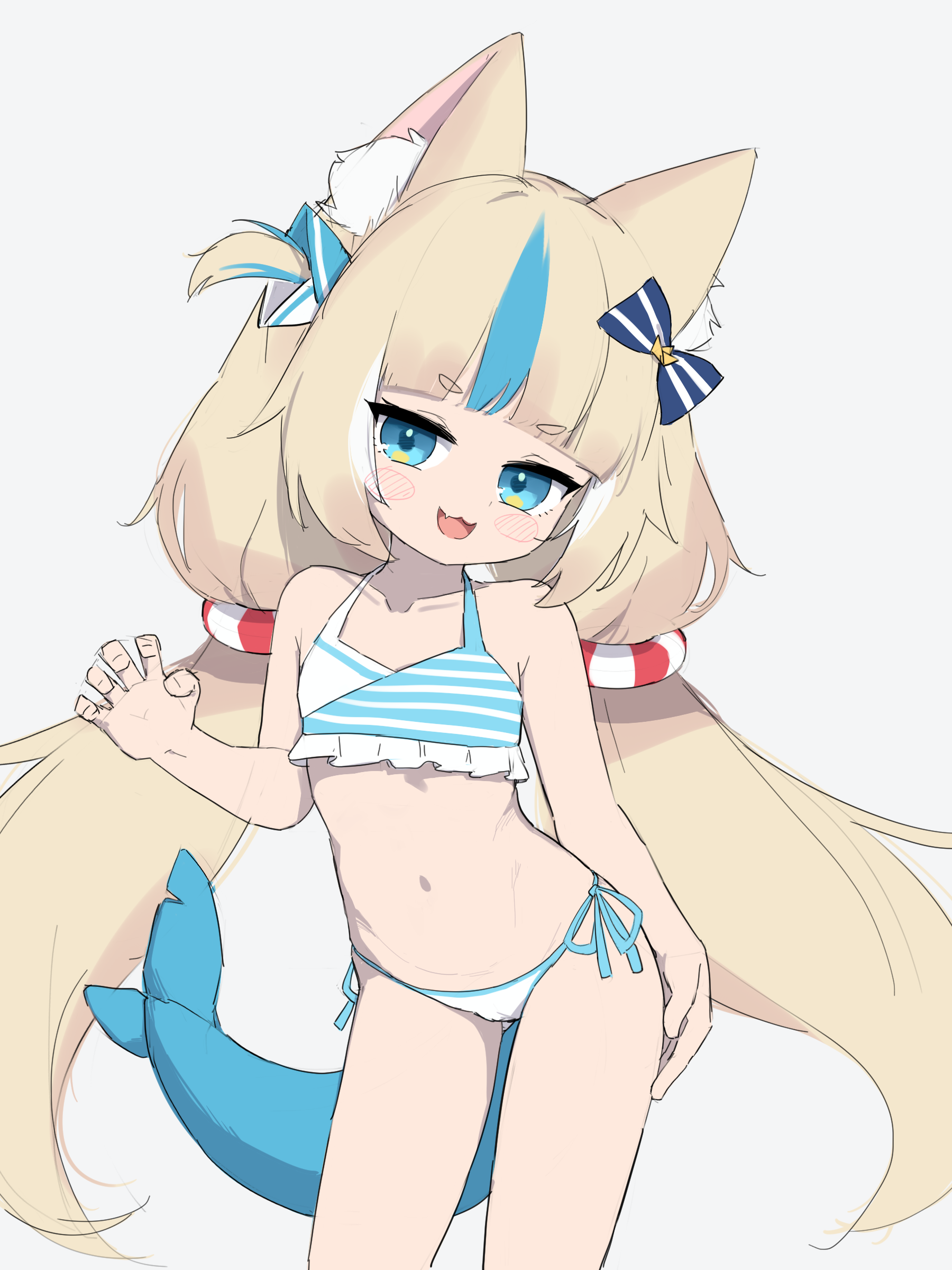 sameko saba, indie virtual youtuber, absurdres, highres, 1girl, :3, animal ear fluff, animal ears, arm up, bikini, blonde hair, blue eyes, cat ears, claw pose, dako o (skwt4825), fins, fish tail, lifebuoy hair ornament, long hair, low twintails, multicolored hair, navel, open mouth, side-tie bikini bottom, smile, solo, stomach, streaked hair, striped bikini, striped clothes, swimsuit, tail, thighs, twintails, very long hair, virtual youtuber, white bikini