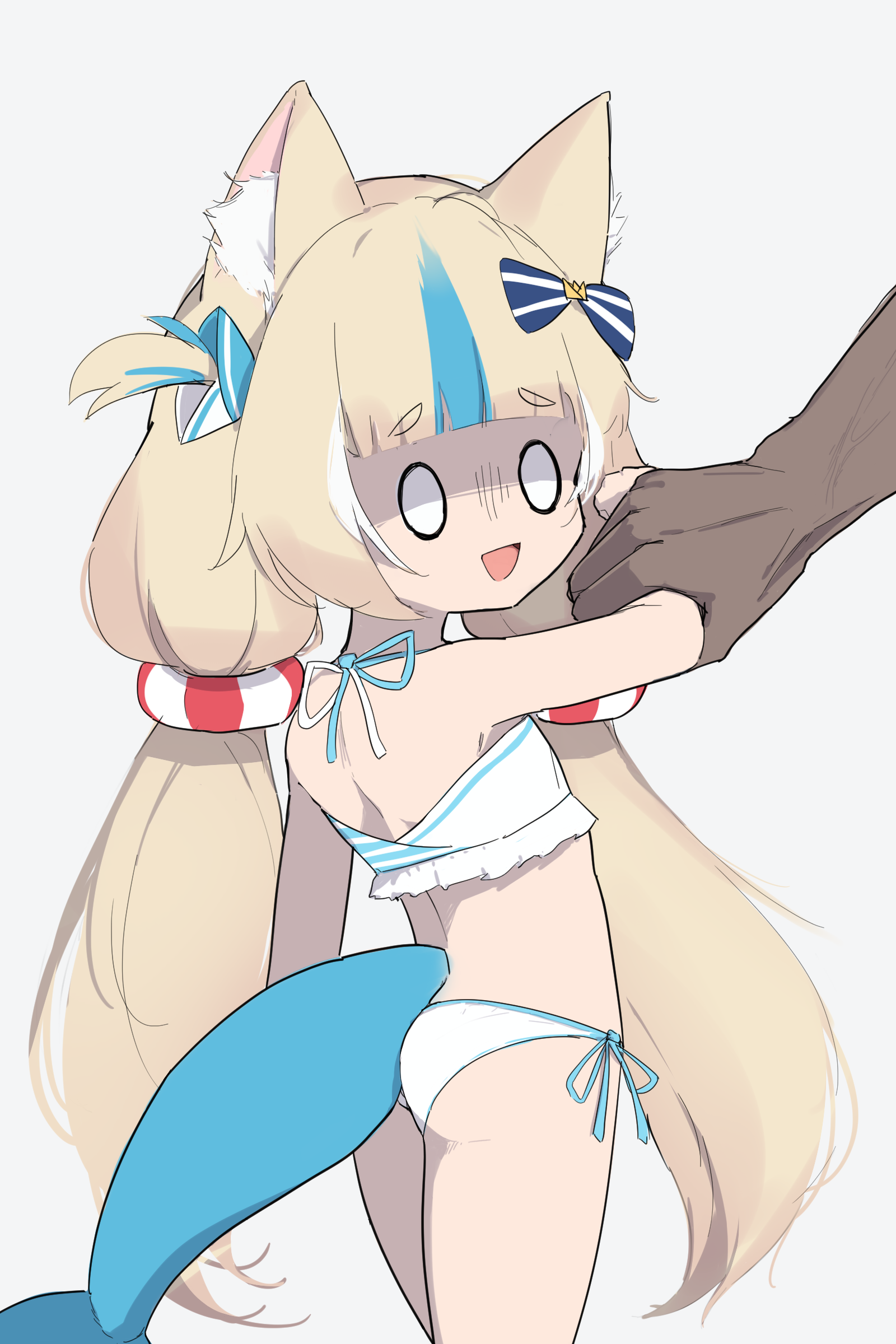 sameko saba, indie virtual youtuber, absurdres, highres, 1boy, 1girl, animal ear fluff, animal ears, arm up, ass, bikini, blonde hair, cat ears, dako o (skwt4825), dark-skinned male, dark skin, fins, fish tail, grabbing another's arm, lifebuoy hair ornament, long hair, low twintails, multicolored hair, o o, open mouth, side-tie bikini bottom, streaked hair, striped bikini, striped clothes, swimsuit, tail, thighs, twintails, virtual youtuber, white bikini