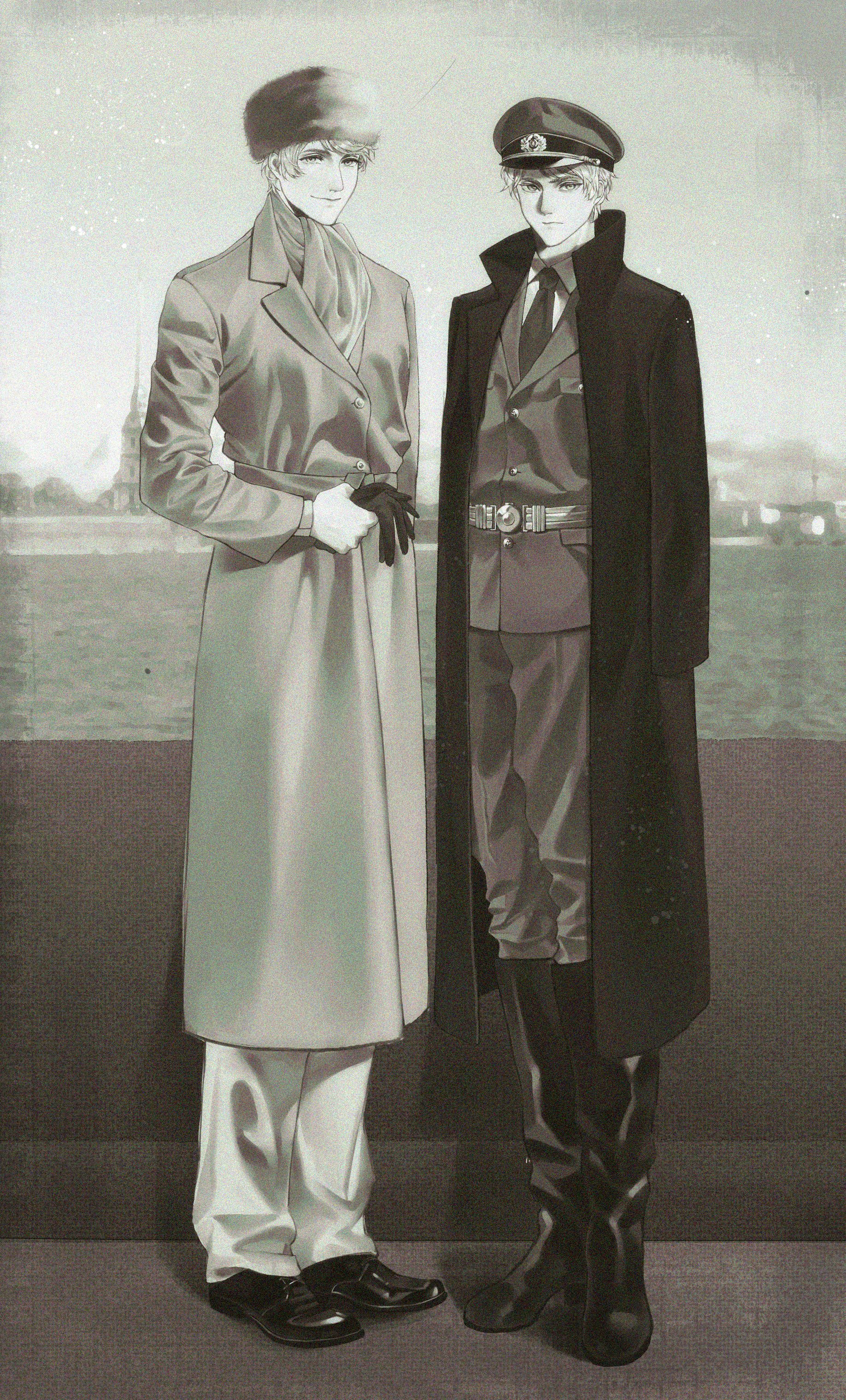 rj91026205, prussia (hetalia), russia (hetalia), axis powers hetalia, absurdres, highres, 2boys, architecture, ascot, belt, boots, breast pocket, buttons, closed mouth, coat, collared shirt, day, full body, fur hat, gloves, greyscale, hat, holding, holding gloves, holding unworn clothes, jacket, lapels, long sleeves, looking at viewer, male focus, military hat, military jacket, military uniform, monochrome, multiple boys, necktie, open clothes, open coat, outdoors, pants, pocket, river, shadow, shirt, shoes, short hair, sky, smile, standing, unworn gloves, visor cap