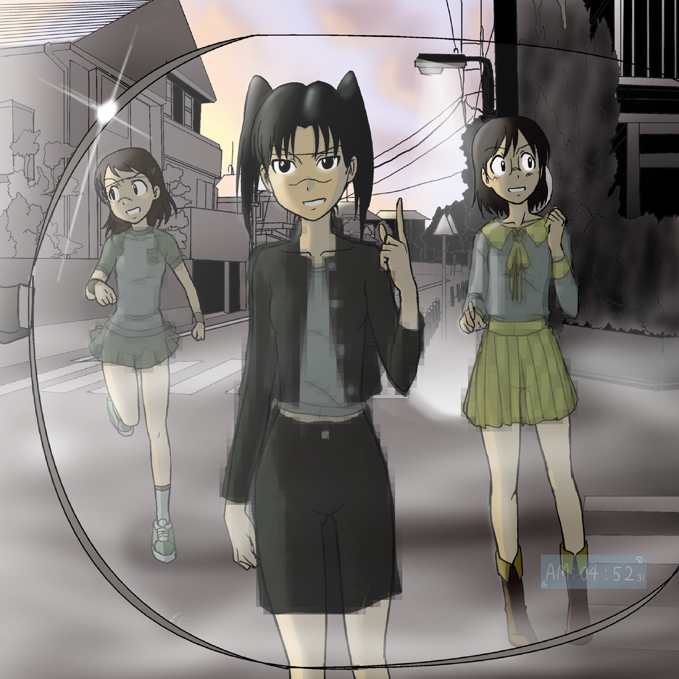 takaya n, amasawa yuuko, hashimoto fumie, okonogi yuuko, dennou coil, time, visor, highres, 00s, 3girls, augmented reality, black eyes, black hair, cloud, dawn, digital dissolve, false clothes, glasses, glasses view, lamppost, looking at viewer, miniskirt, multiple girls, outdoors, pleated skirt, raglan sleeves, reverse x-ray, road, short hair, short twintails, skirt, sky, street, sunrise, twintails