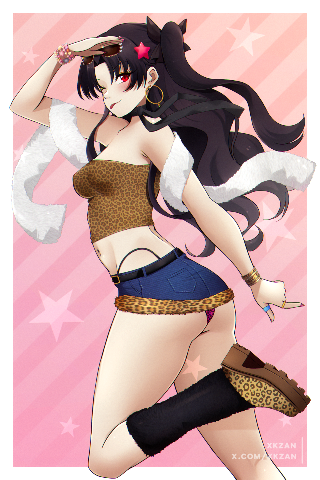 xkzan, ishtar (fate), fate/grand order, fate (series), highres, paid reward available, 1girl, animal print, arm up, armpits, artist name, ass, bare shoulders, bead bracelet, beads, belt, blue skirt, blush, boots, bow, bracelet, breasts, brown boots, brown hair, cleavage, clothes lift, collarbone, denim, denim skirt, ear piercing, earrings, eyewear on head, fashion, feather boa, fingernails, fur leg warmers, gyaru, hair bow, hair ornament, hands on own head, highleg, highleg panties, hoop earrings, jewelry, leg warmers, leopard print, long hair, looking at viewer, medium breasts, midriff, miniskirt, nail polish, naughty face, navel, navel piercing, off shoulder, panties, piercing, pink nails, print panties, red eyes, revealing clothes, ring, shirt, skirt, skirt lift, smile, solo, star (symbol), star hair ornament, striped background, sunglasses, thighs, thong, tongue, tongue out, twintails, twitter username, two side up, underwear