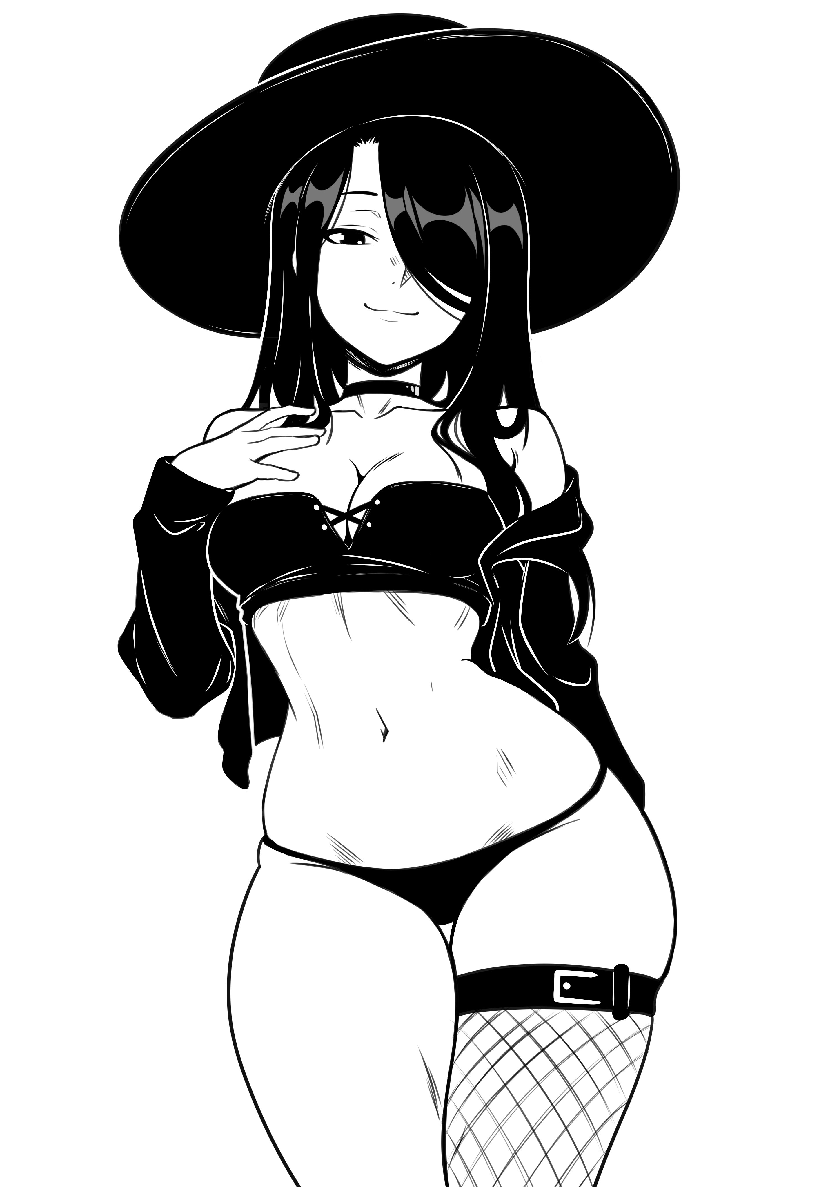 theoiledone, original, absurdres, commentary, english commentary, highres, 1girl, bandeau, bare shoulders, belt, breasts, choker, cleavage, closed mouth, collarbone, cowboy shot, fishnet thighhighs, fishnets, greyscale, hair over one eye, hand on own chest, hat, jacket, long hair, looking at viewer, medium breasts, monochrome, navel, no pants, off shoulder, open clothes, open jacket, panties, simple background, single thighhigh, smile, solo, stomach, sun hat, thigh belt, thigh strap, thighhighs, underwear, white background