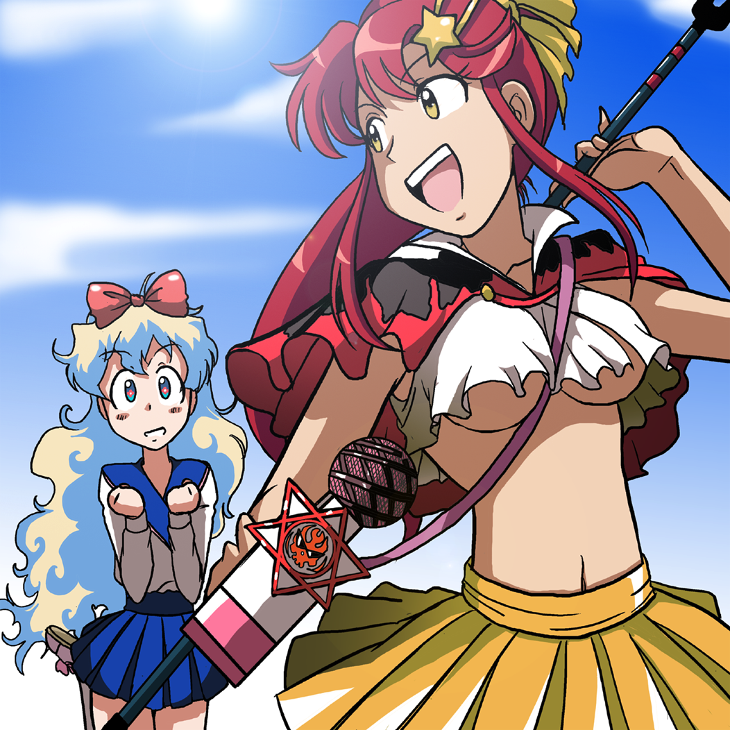 takaya n, nia teppelin, yoko littner, idolmaster, idolmaster (classic), idolmaster 1, tengen toppa gurren lagann, 00s, 2girls, :d, blonde hair, blue hair, breasts, cowboy shot, crop top, crop top overhang, curly hair, holding, holding weapon, long hair, looking back, medium breasts, multicolored hair, multiple girls, navel, open mouth, pleated skirt, polearm, ponytail, red hair, skirt, small breasts, smile, spear, stomach, sunlight, two-tone hair, underboob, very long hair, weapon, yellow skirt