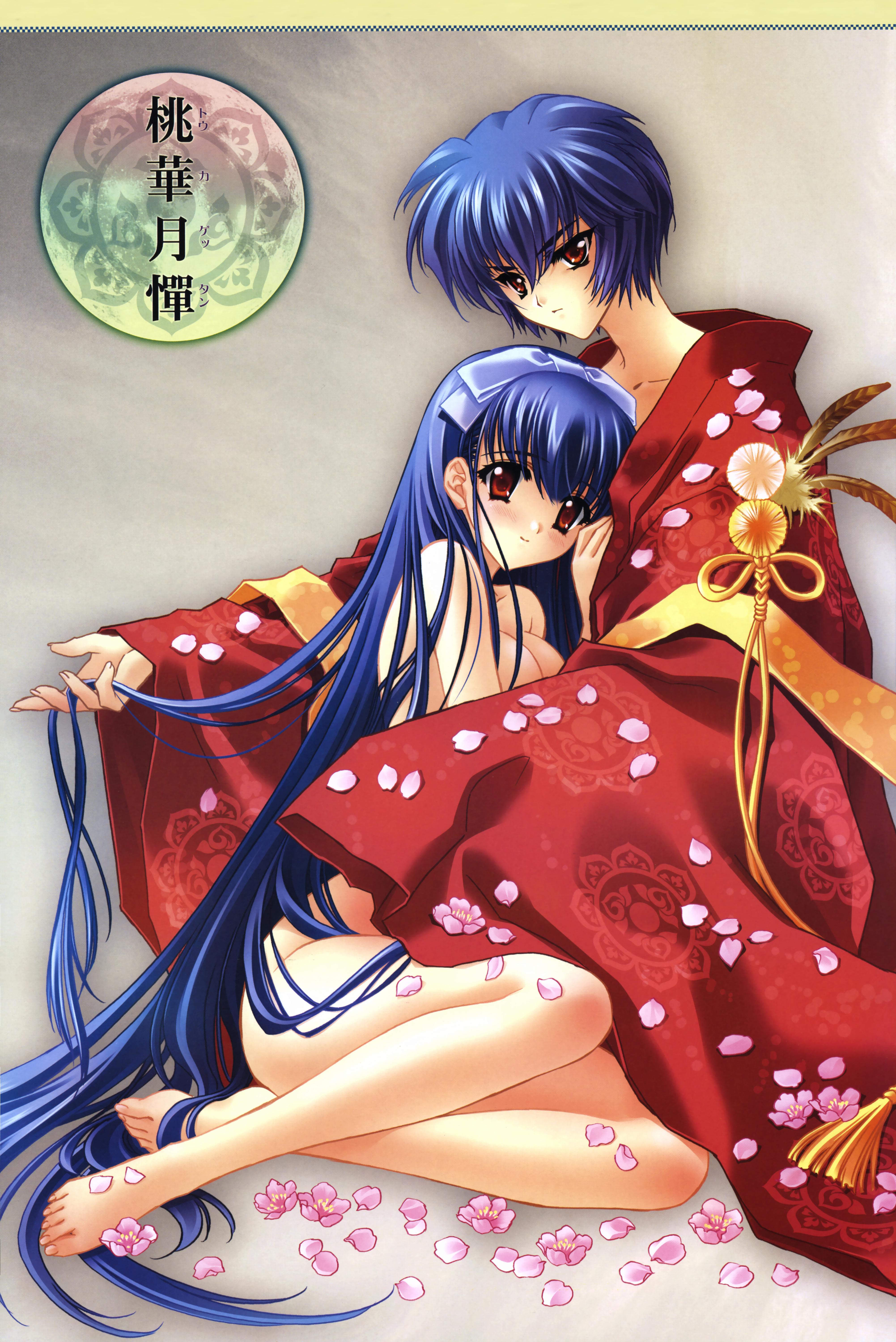 carnelian, kamiazuma touka, kawakabe momoka, touka gettan, absurdres, highres, scan, 00s, 1boy, 1girl, barefoot, blue hair, blush, cherry blossoms, japanese clothes, long hair, red eyes, short hair