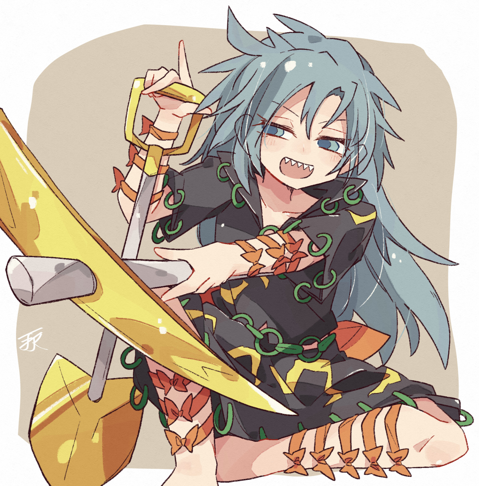 minoru minoru, himemushi momoyo, touhou, commentary request, highres, 1girl, :d, barefoot, black shirt, black skirt, blush, bow, brown background, collarbone, grey eyes, grey hair, holding, holding pickaxe, holding shovel, index finger raised, knee up, long hair, open mouth, orange bow, orange ribbon, pickaxe, ribbon, sharp teeth, shirt, short sleeves, shovel, sideways glance, signature, sitting, skirt, smile, solo, teeth