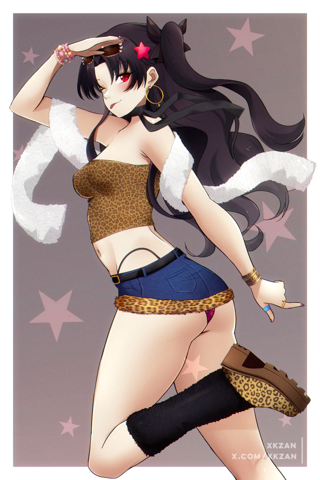 xkzan, ishtar (fate), fate/grand order, fate (series), highres, paid reward available, 1girl, animal print, arm up, armpits, artist name, ass, bare shoulders, bead bracelet, beads, belt, blue skirt, blush, boots, bow, bracelet, breasts, brown boots, brown hair, cleavage, clothes lift, collarbone, denim, denim skirt, ear piercing, earrings, eyewear on head, fashion, feather boa, fingernails, fur leg warmers, gyaru, hair bow, hair ornament, hands on own head, highleg, highleg panties, hoop earrings, jewelry, leg warmers, leopard print, long hair, looking at viewer, medium breasts, midriff, miniskirt, nail polish, naughty face, navel, navel piercing, off shoulder, panties, piercing, pink nails, print panties, red eyes, revealing clothes, ring, shirt, simple background, skirt, skirt lift, smile, solo, star (symbol), star hair ornament, sunglasses, thighs, thong, tongue, tongue out, twintails, twitter username, two side up, underwear