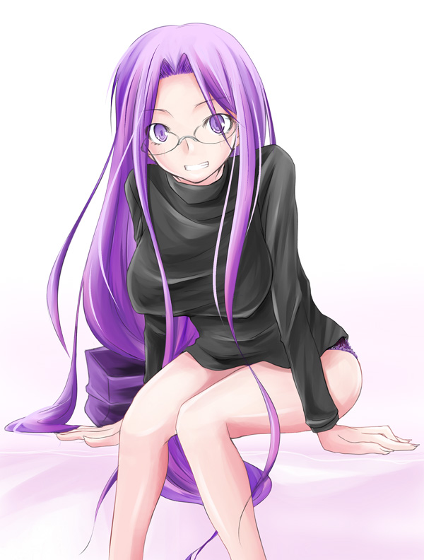zanku, medusa (fate), medusa (rider) (fate), fate/stay night, fate (series), 00s, bottomless, glasses, long hair, no pants, official alternate costume, panties, purple eyes, purple hair, solo, square pupils, underwear, very long hair