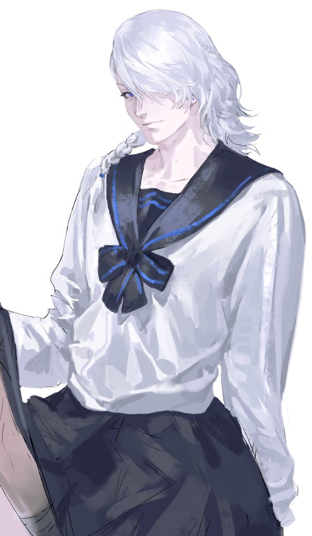 final fantasy, final fantasy xvi, 1boy, black bow, black bowtie, black sailor collar, black skirt, blue eyes, bow, bowtie, braid, closed mouth, crossdressing, crossdressing (mtf), hair over one eye, lmoosgu, long sleeves, looking at viewer, male focus, medium hair, pale skin, sailor collar, shirt, side braid, skirt, sleipnir harbard, solo, white background, white hair, white shirt