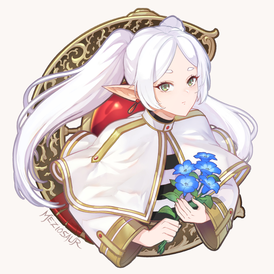 meziosaur, frieren, sousou no frieren, 1girl, blue flower, capelet, closed mouth, dress, earrings, elf, floating earrings, flower, green eyes, grey hair, holding, holding flower, jewelry, long hair, long sleeves, looking at viewer, parted bangs, pointy ears, solo, teardrop earrings, twintails, upper body, white capelet, white hair