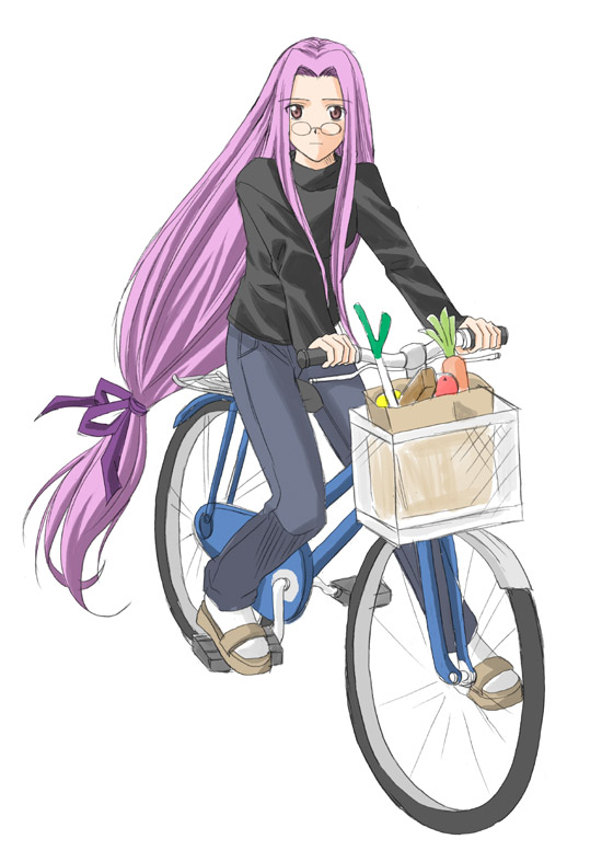 toshibou (satsukisou), medusa (fate), medusa (rider) (fate), fate/stay night, fate (series), 00s, 1girl, bag, bicycle, black shirt, brown eyes, carrot, cruiser bicycle, denim, female focus, food, full body, glasses, groceries, jeans, long hair, long sleeves, looking at viewer, low-tied long hair, official alternate costume, pants, paper bag, purple hair, riding, sandals, shirt, sidelocks, simple background, socks, solo, spring onion, very long hair, white background