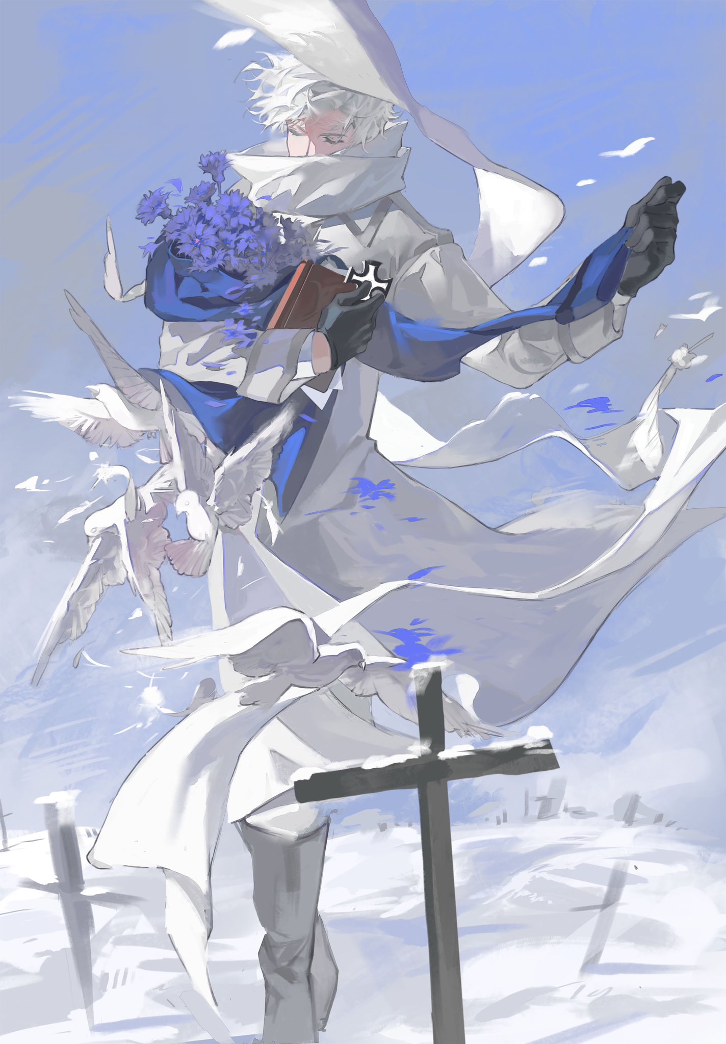 rj91026205, russia (hetalia), axis powers hetalia, highres, 1boy, beak, bird, bird wings, black boots, black gloves, blue sky, book, boots, bouquet, closed eyes, cloud, cloudy sky, coat, collared coat, covered mouth, cross, day, feathered wings, feathers, floating clothes, flower, flying, full body, gloves, grave, graveyard, hands up, holding, holding book, holding bouquet, iron cross, long sleeves, male focus, outdoors, pants, pigeon, purple flower, scarf, short hair, sky, snow, solo, standing, white coat, white hair, white pants, white scarf, wings, winter