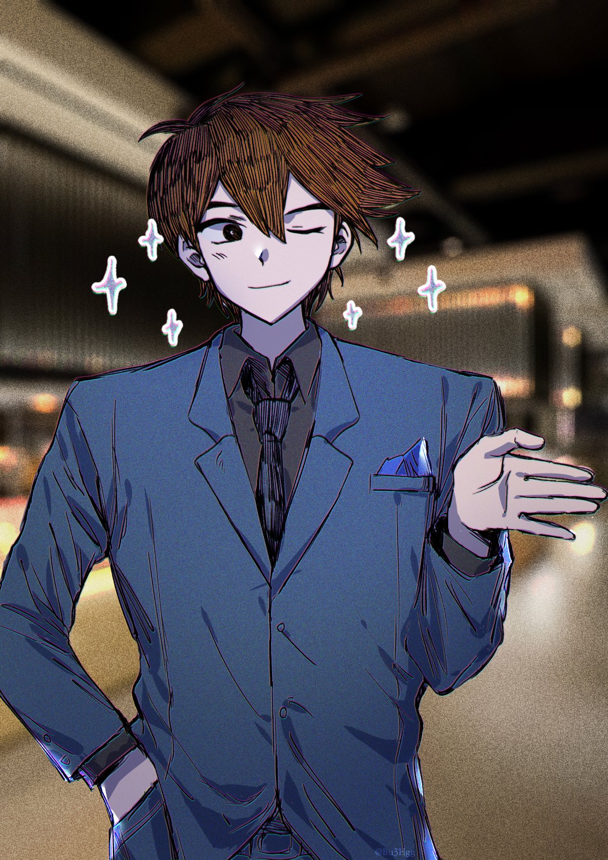 bu3hgg, hero (faraway) (omori), hero (omori), omori, commentary request, highres, korean commentary, 1boy, ;), antenna hair, black eyes, black necktie, blue jacket, blue pants, bright pupils, brown hair, chromatic aberration, closed mouth, collared shirt, double-parted bangs, film grain, grey shirt, hair behind ear, hair between eyes, hand in pocket, hand up, hatching (texture), jacket, lapels, layered sleeves, long sleeves, looking at viewer, male focus, necktie, night, one eye closed, outdoors, pants, photo background, shirt, short hair, smile, sparkle, straight-on, upper body, very short hair, white pupils