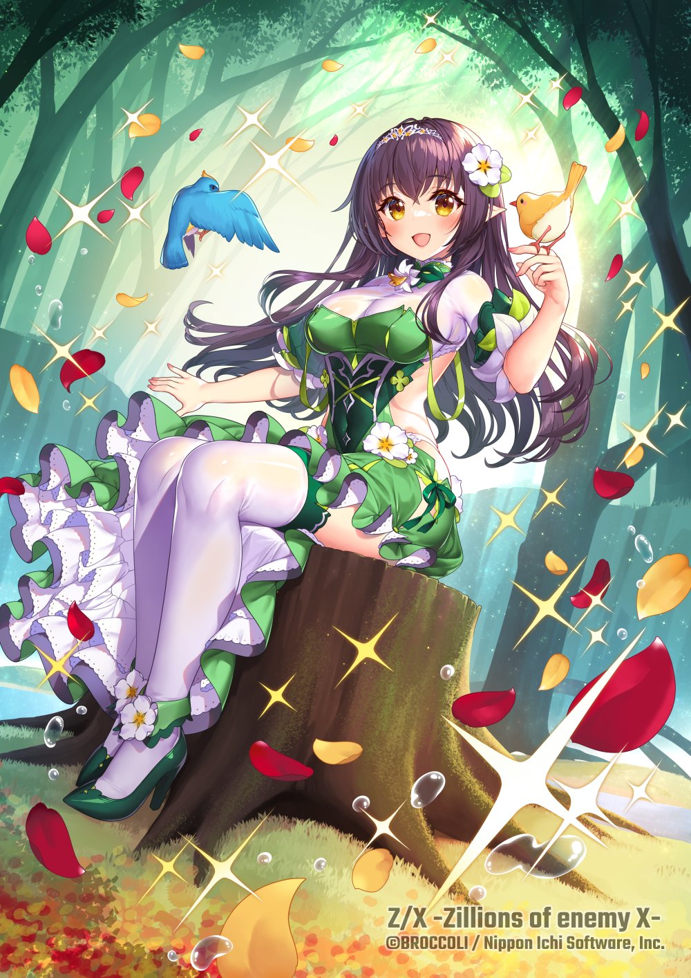 kuro chairo no neko, z/x, highres, official art, 1girl, bird, bird on hand, black hair, breasts, copyright notice, covered navel, crown, dress, flower, forest, green dress, green shoes, hair flower, hair ornament, high heels, large breasts, long hair, nature, on tree stump, open mouth, outdoors, pecteilis, petals, pointy ears, see-through cleavage, see-through clothes, shoes, sitting, solo, sparkle, splashing, thighhighs, tree, white thighhighs, yellow eyes