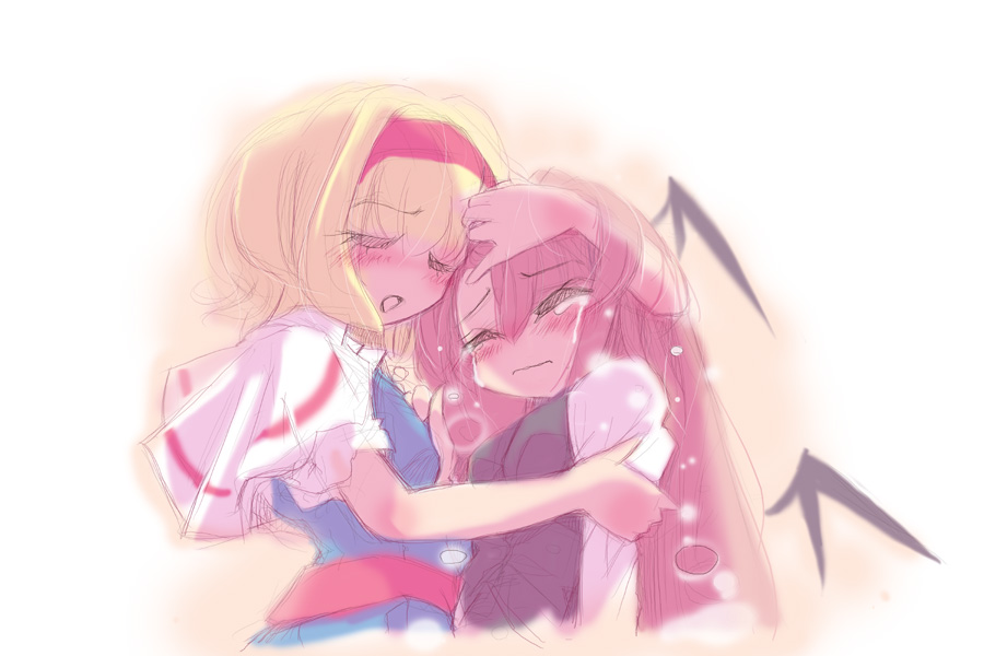 usoneko, alice margatroid, koakuma, touhou, bad id, bad pixiv id, 2girls, blonde hair, blush, female focus, head wings, hug, multiple girls, tears, wings