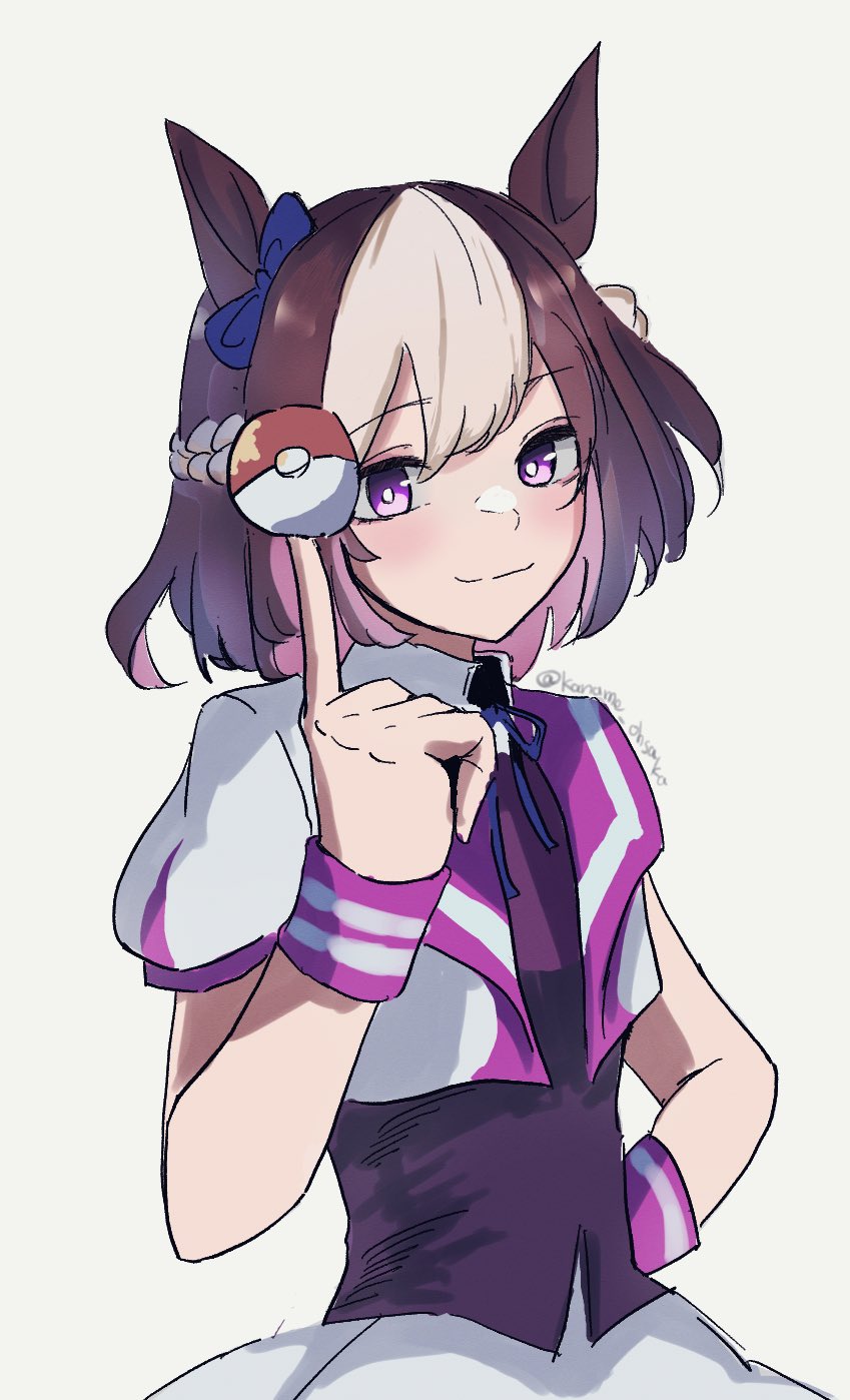 ohsaka kaname, special week (special dreamer) (umamusume), special week (umamusume), nintendo, pokemon, umamusume, highres, 1girl, animal ears, blush, bow, braid, brown hair, closed mouth, cropped jacket, ear bow, ear ribbon, holding, holding poke ball, horse ears, horse girl, jacket, looking at viewer, multicolored hair, open clothes, open jacket, poke ball, poke ball (basic), purple bow, purple eyes, purple shirt, ribbon, shirt, short hair, short sleeves, simple background, skirt, smile, two-tone hair, upper body, white hair, white jacket, white skirt, wristband