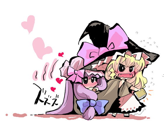 usoneko, kirisame marisa, patchouli knowledge, touhou, bad id, bad pixiv id, 2girls, blunt bangs, blush, braid, chibi, fangs, female focus, hat, heart, long hair, mob cap, multiple girls, purple hat, side braid, single braid, standing, v-shaped eyebrows, very long hair, wavy mouth, white background